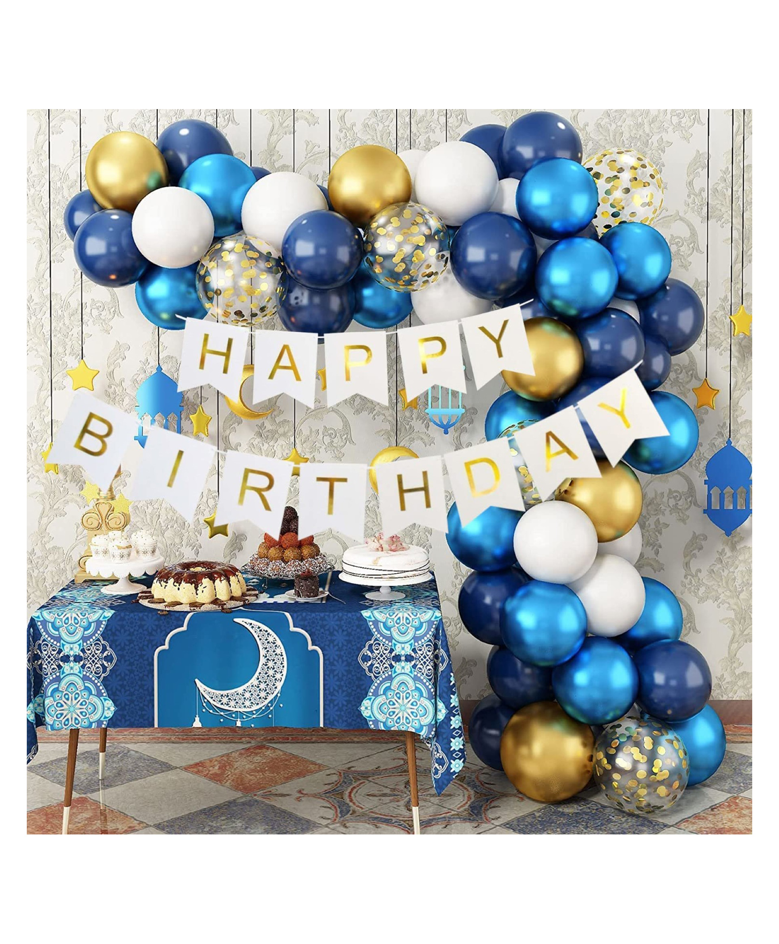 Bubble Trouble Blue Metallic Blue Metallic Golden White Balloons, Happy Birthday Banner Decoration Kit For Birthday Party (Pack Of 61)-picture-18