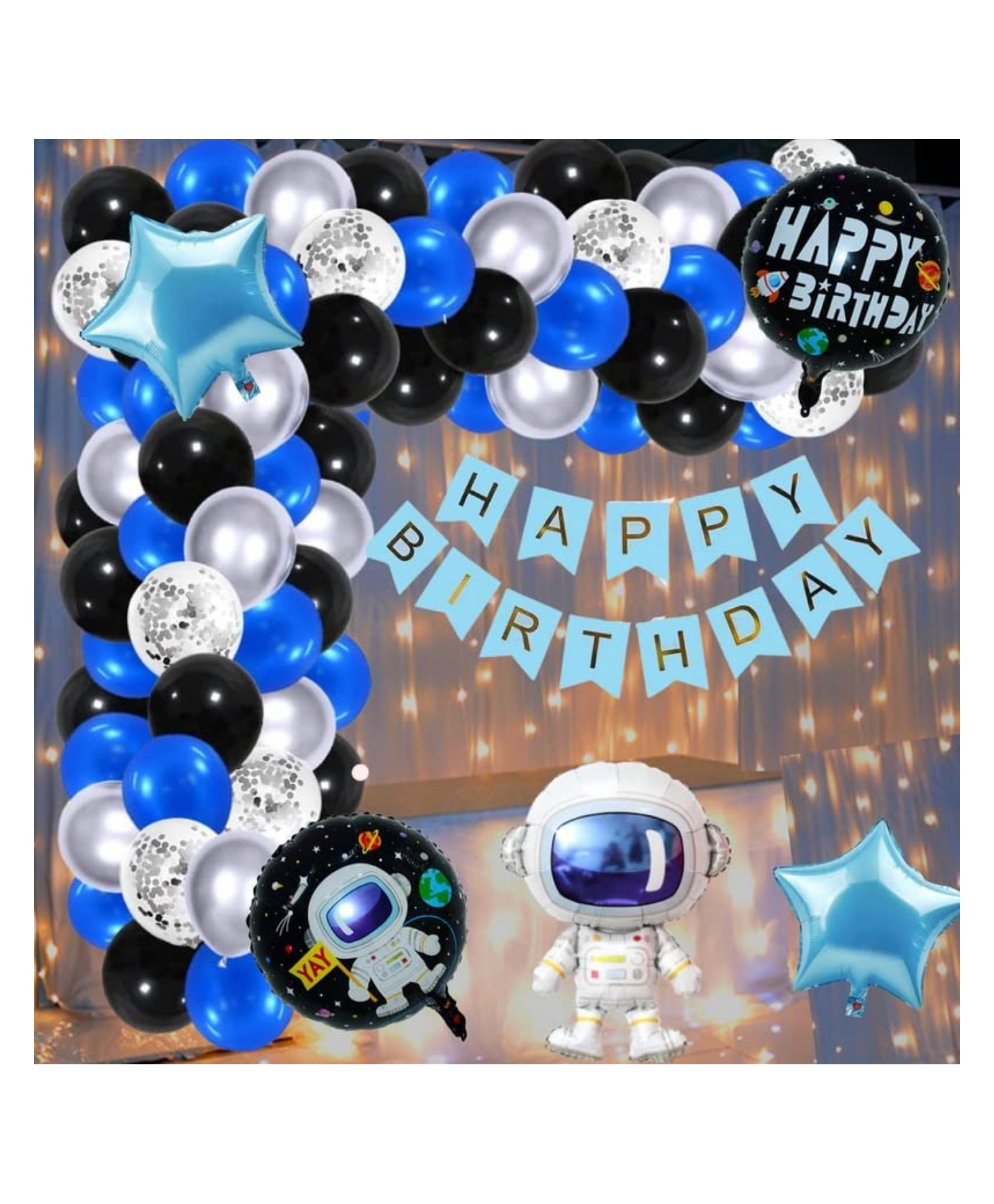 Bubble Trouble Astronaut theme Birthday Decoration kit - 61 Pcs Combo with banner, 5 pcs foil balloons set, LED light for kids party boys girls-image-40