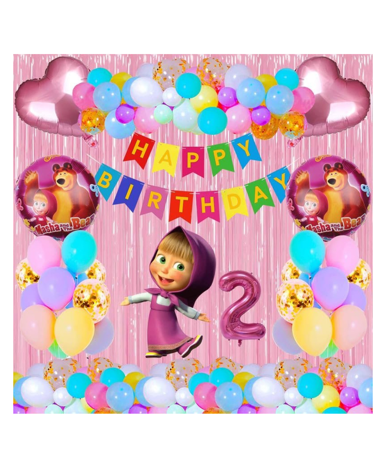 Bubble Trouble 2nd Happy Birthday Masha Theme Combo Kit Items With Pastel Balloons Foil Curtain Shimmer For Little Kids Theme Birthday Party Decorations Pack of 39-image-44