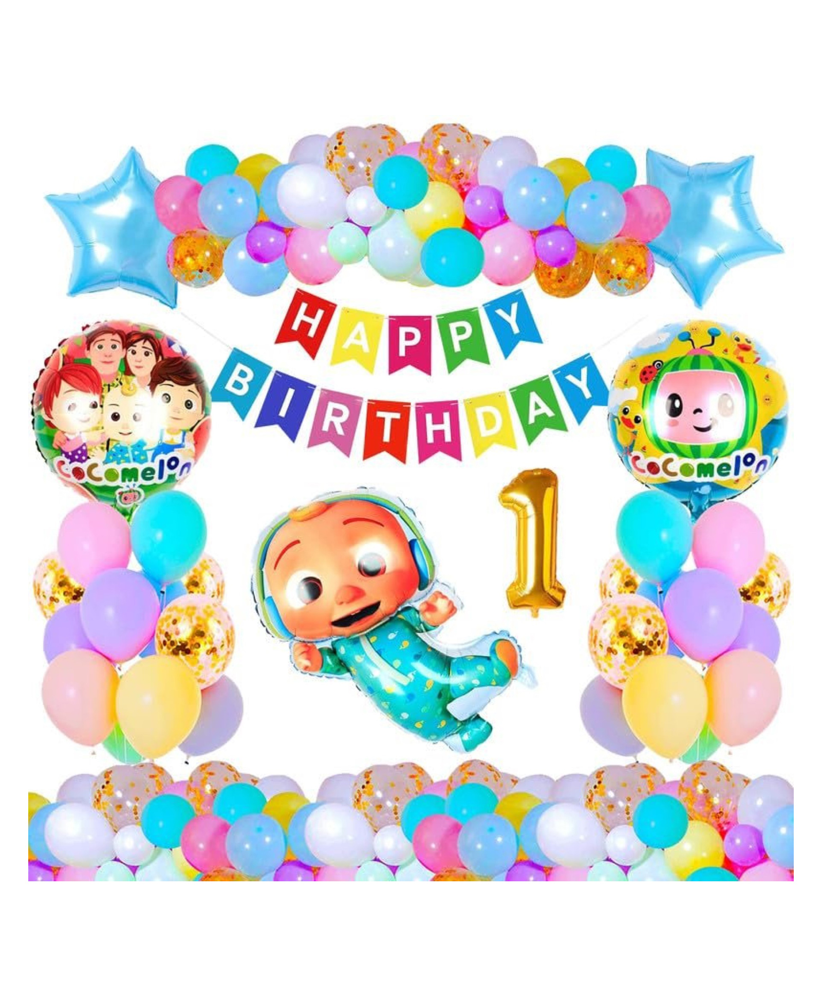 Bubble Trouble 1st Happy Birthday Decoration Little Kids Coco Theme Combo Kit Items With Pastel Balloons HBday Papper Banner For Theme Birthday Party Decorations Multi Color Pack of 37-image-32