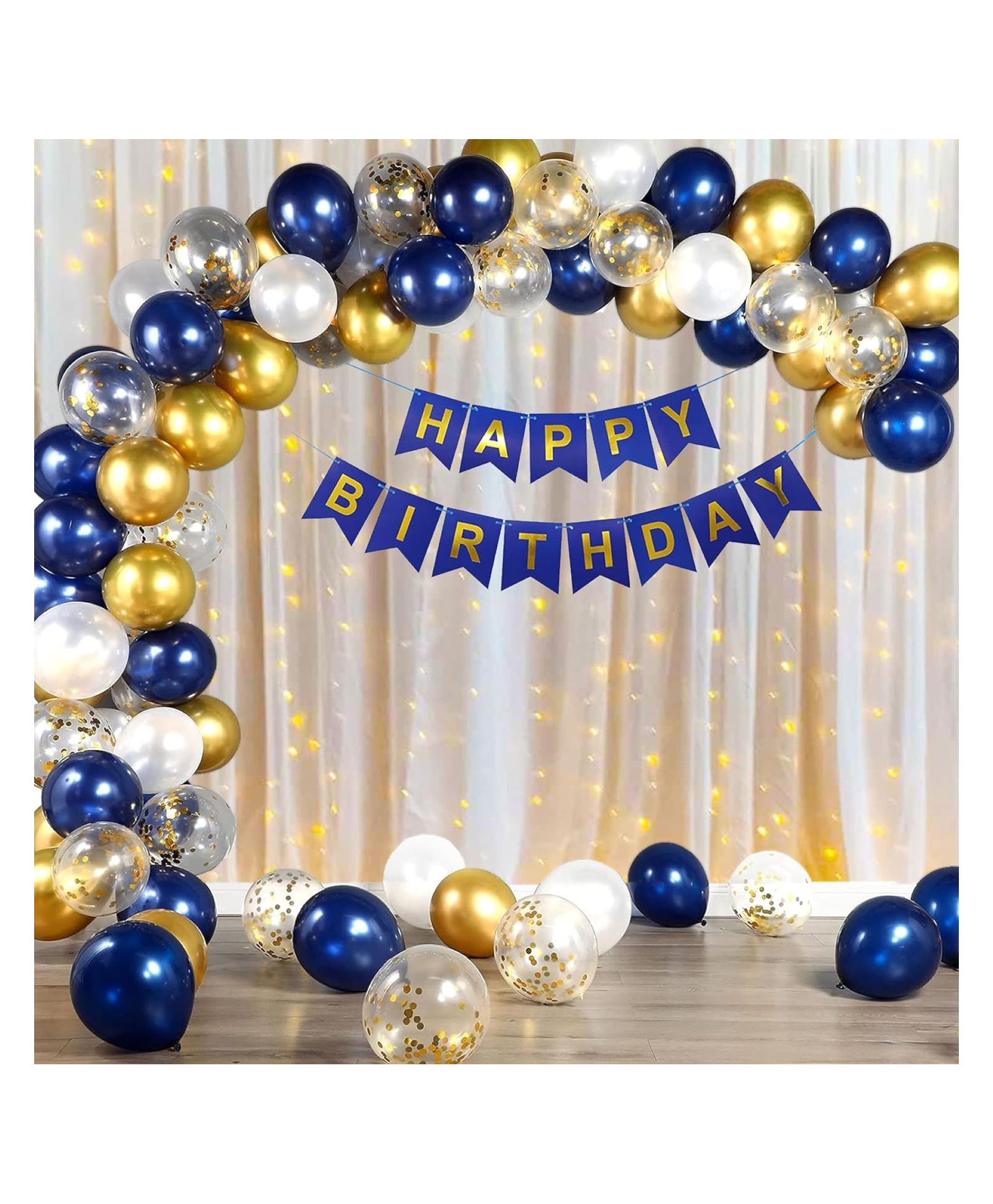 Bubble Trouble Blue White & Golden Birthday Decoration Kit Combo with Net Curtain & light. || Balloons for Birthday Decorations || Birthday Decorations Items for Wife ( Pack of 47 )-picture-19
