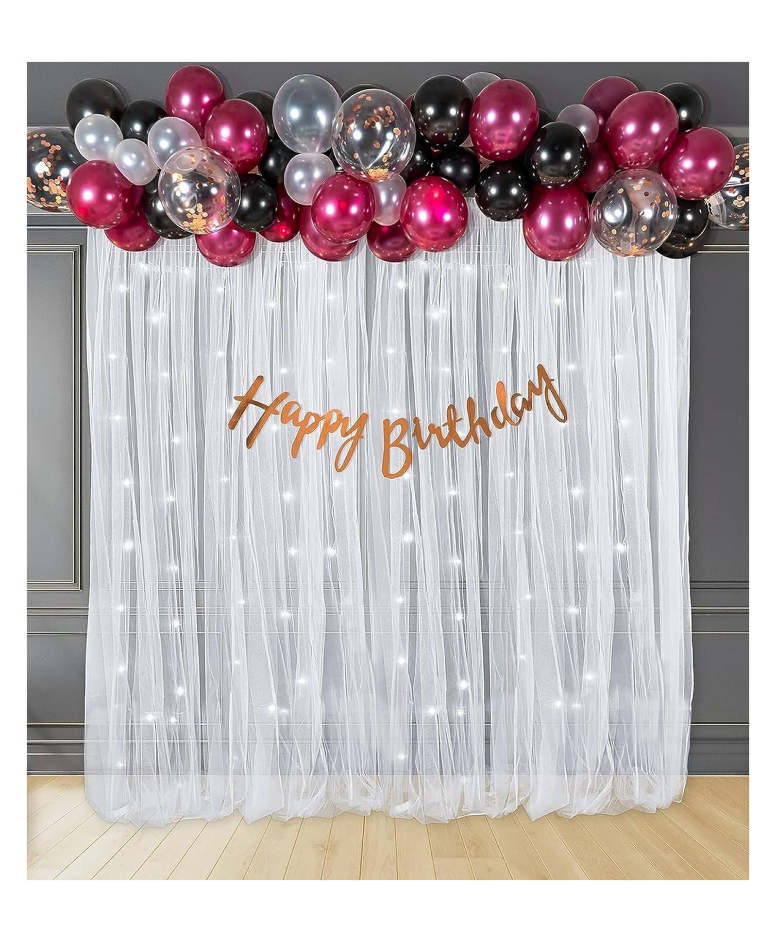 Bubble Trouble Burgundy Black & White with Net Curtain & Light Happy Birthday Decorations Combo Kit for kids, Boys & Girls, Adult || Birthday Decoration items ( Pack of 63 )-image-35