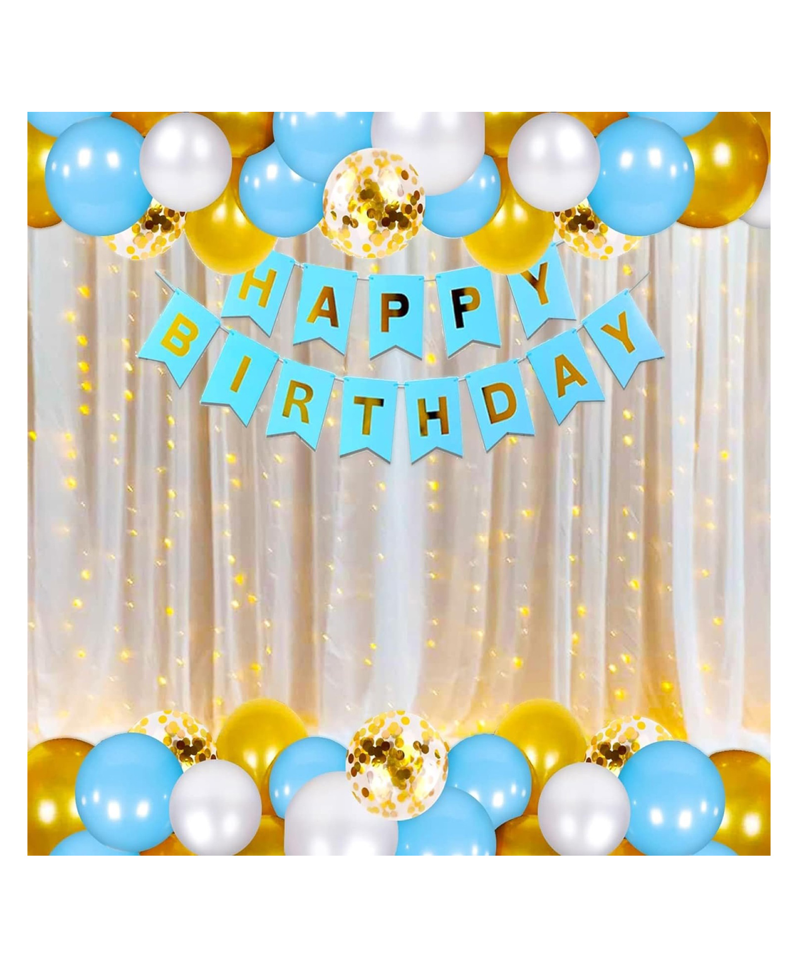 Bubble Trouble Light Blue White & Golden With net Curtain & Light for Birthday Decoration Kit for kids, Boys & Girls, Adult || Birthday Decoration Items ( Pack of 53 )-image-36