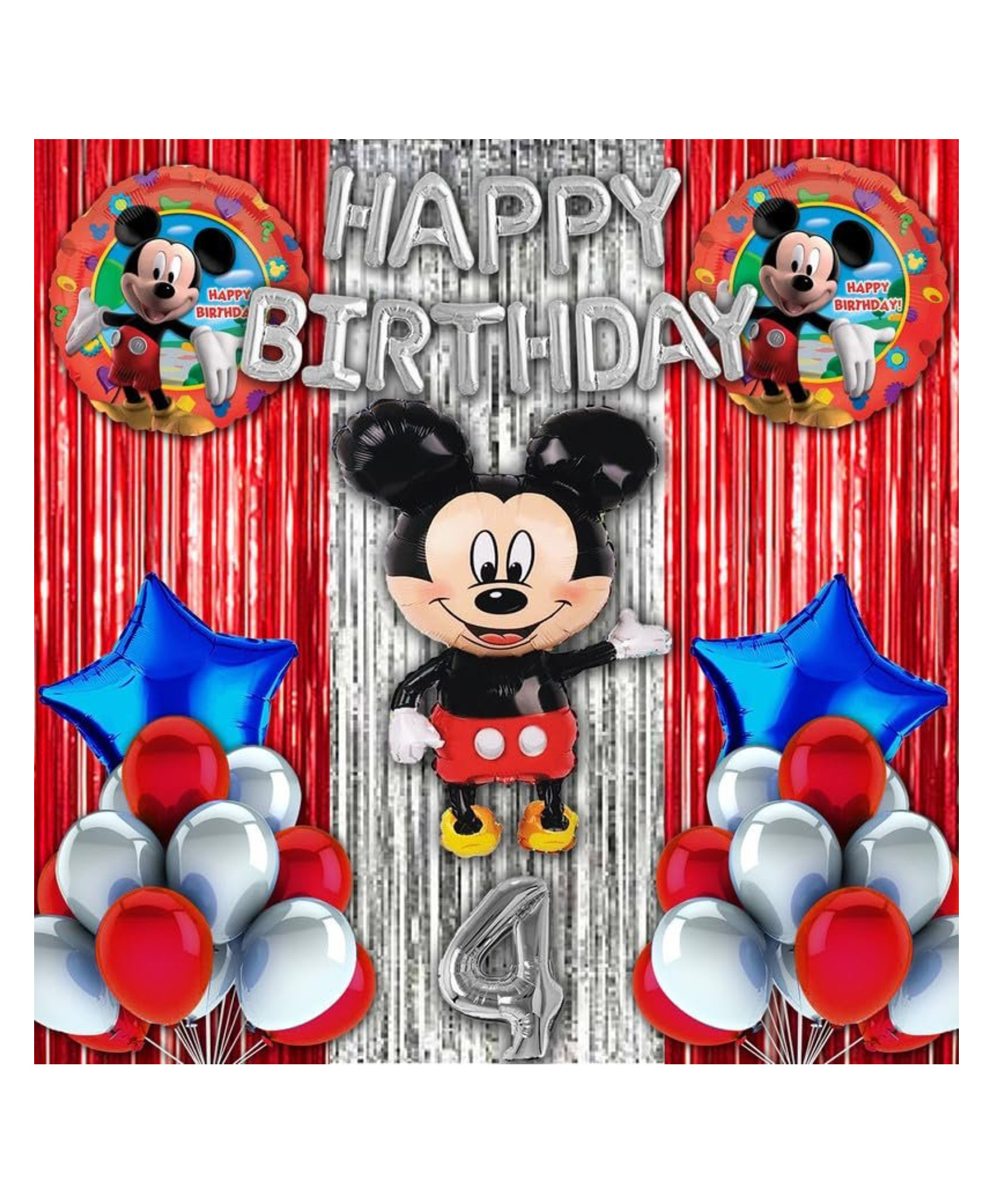 Bubble Trouble 4th Happy Birthday Decoration Mickey Mouse Theme Combo Kit Items With Metallic Balloons Foil Curtain Shimmer For Little Kids Theme Birthday Party Decorations Red Pack of 40-image-5