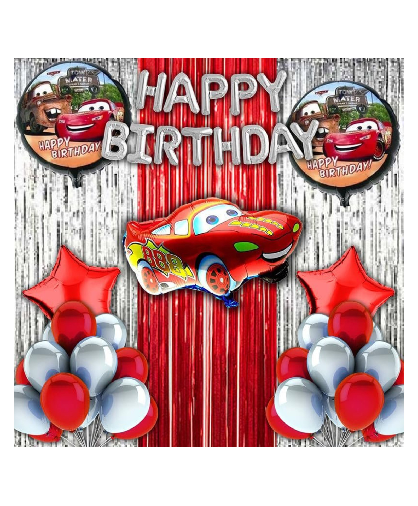 Bubble Trouble Happy Birthday Decoration Lightning Mcqueen Car Theme Combo Kit Items With Metallic Balloons Foil Curtain Shimmer For Little Kids Theme Birthday Party Decorations Red Pack of 39-image-47