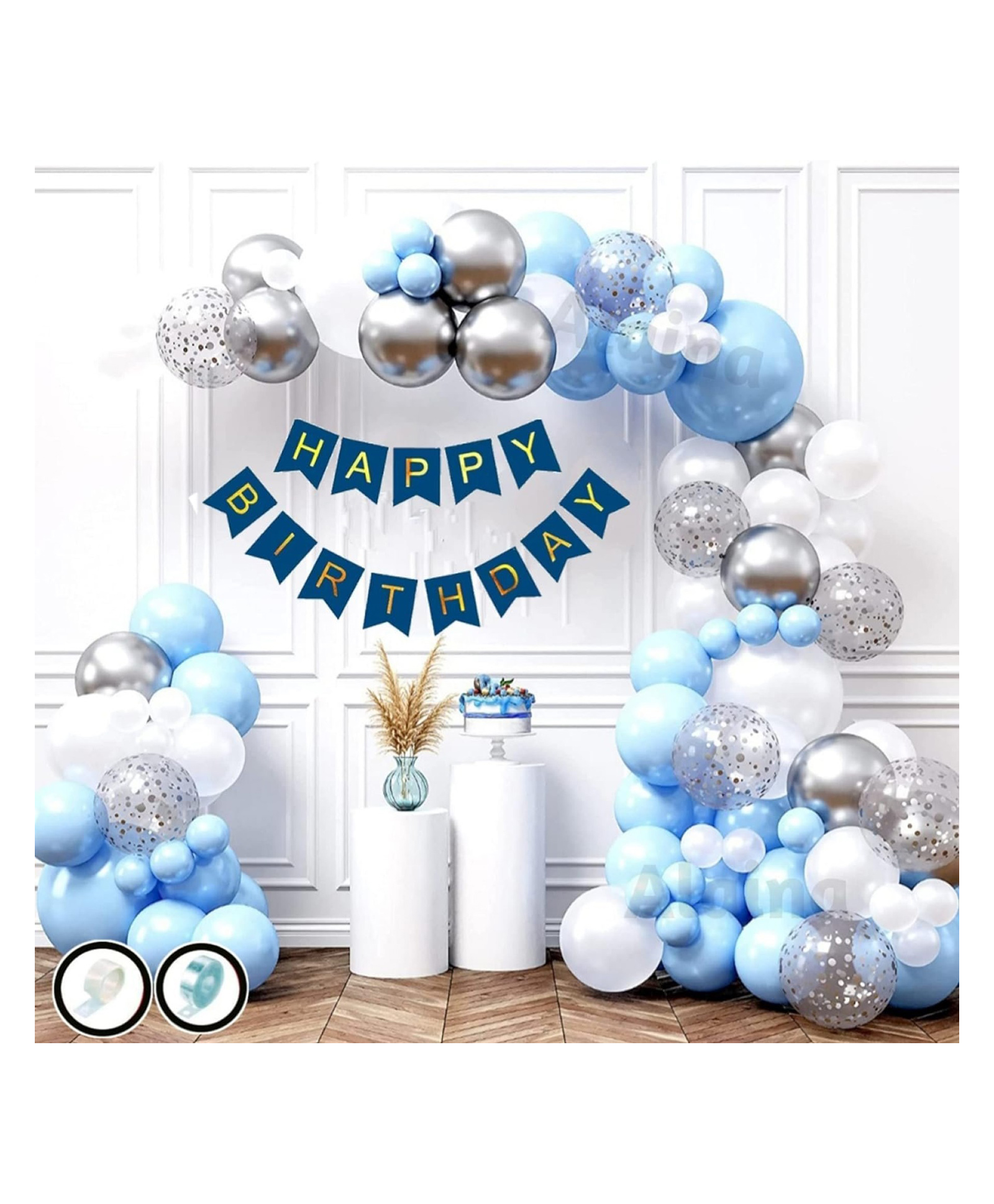 Bubble Trouble Blue White Happy Birthday Decoration Kit 67 Pcs Combo Pack for Boys Girls Kids Baby - Happy Birthday Banner, Confetti Balloons, Chrome Balloons, Pastel Balloons, Balloons Arch Strip, Glue Dots Strip-picture-11