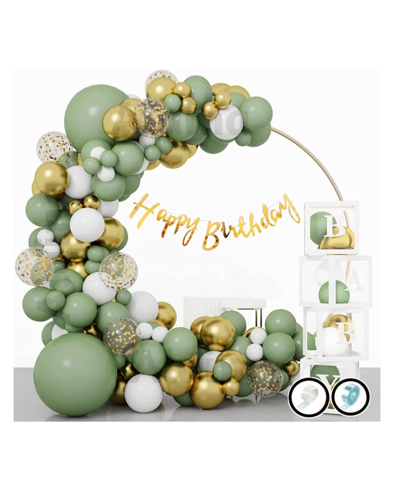 Bubble Trouble Green Golden Birthday Decoration Kit 67 Pcs Set for Boys Girls Kids - Happy Birthday Cursive Banner, Confetti Balloons, Chrome Balloons, Pastel Balloons, Balloons Arch Strip, Glue Dots Strip-picture-42