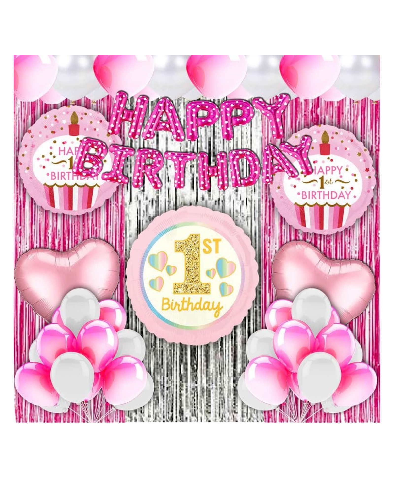 Bubble Trouble 1st Birthday Decoration Combo Items With Foil Curtain Shimmer Backdrop, No.1 Foil Balloon, Metallic Balloons For Girls Birthday Decoration Pink Pack of 39-image-40