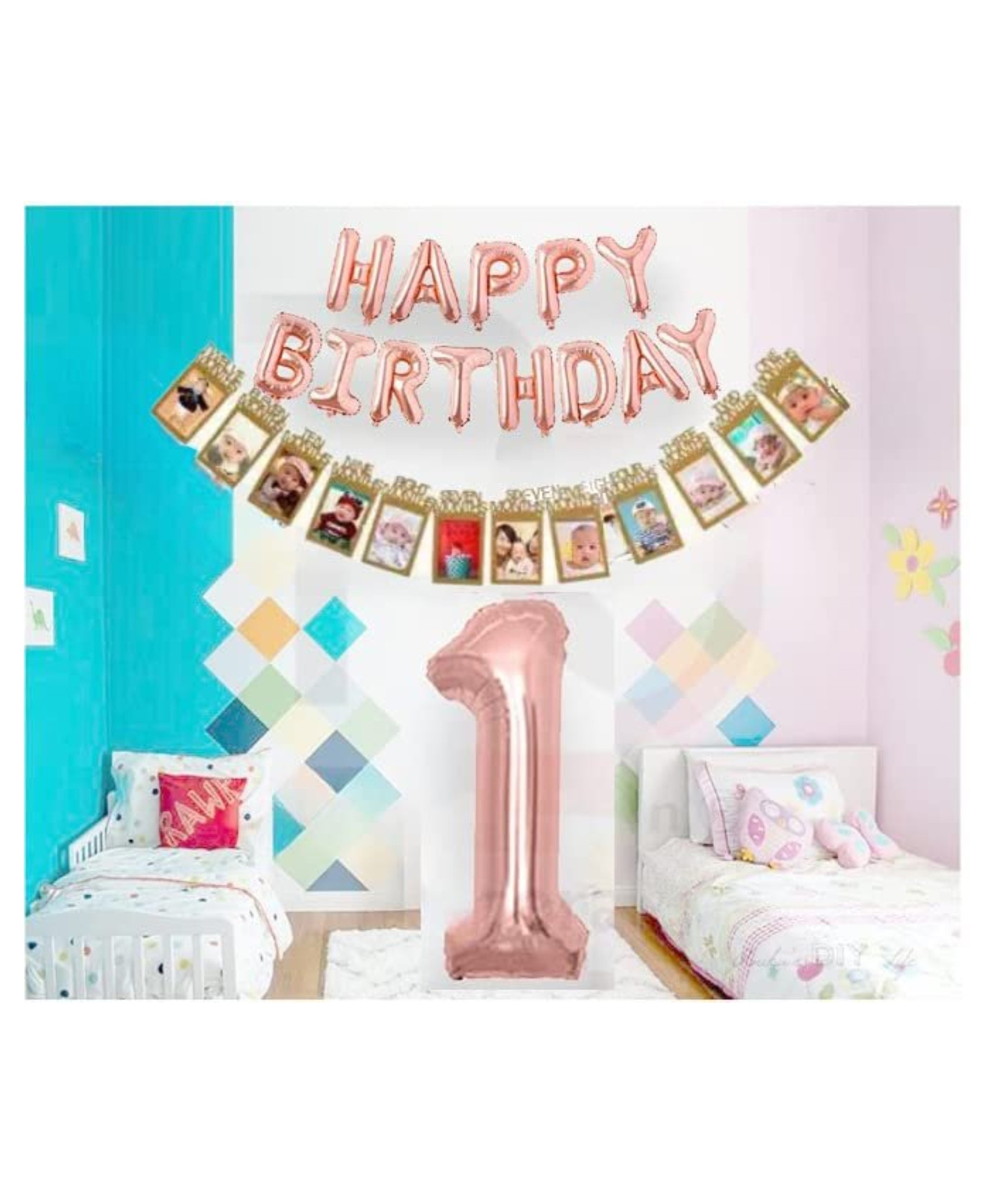 Bubble Trouble 1st Birthday Celebration photo theme Paper Banner with 1 No. & Happy Birthday Foil Balloon Set Combo-Pack of 3, Monthly Milestone Photo Banner for Newborn Baby (1st Month to 12 Month)-image-20