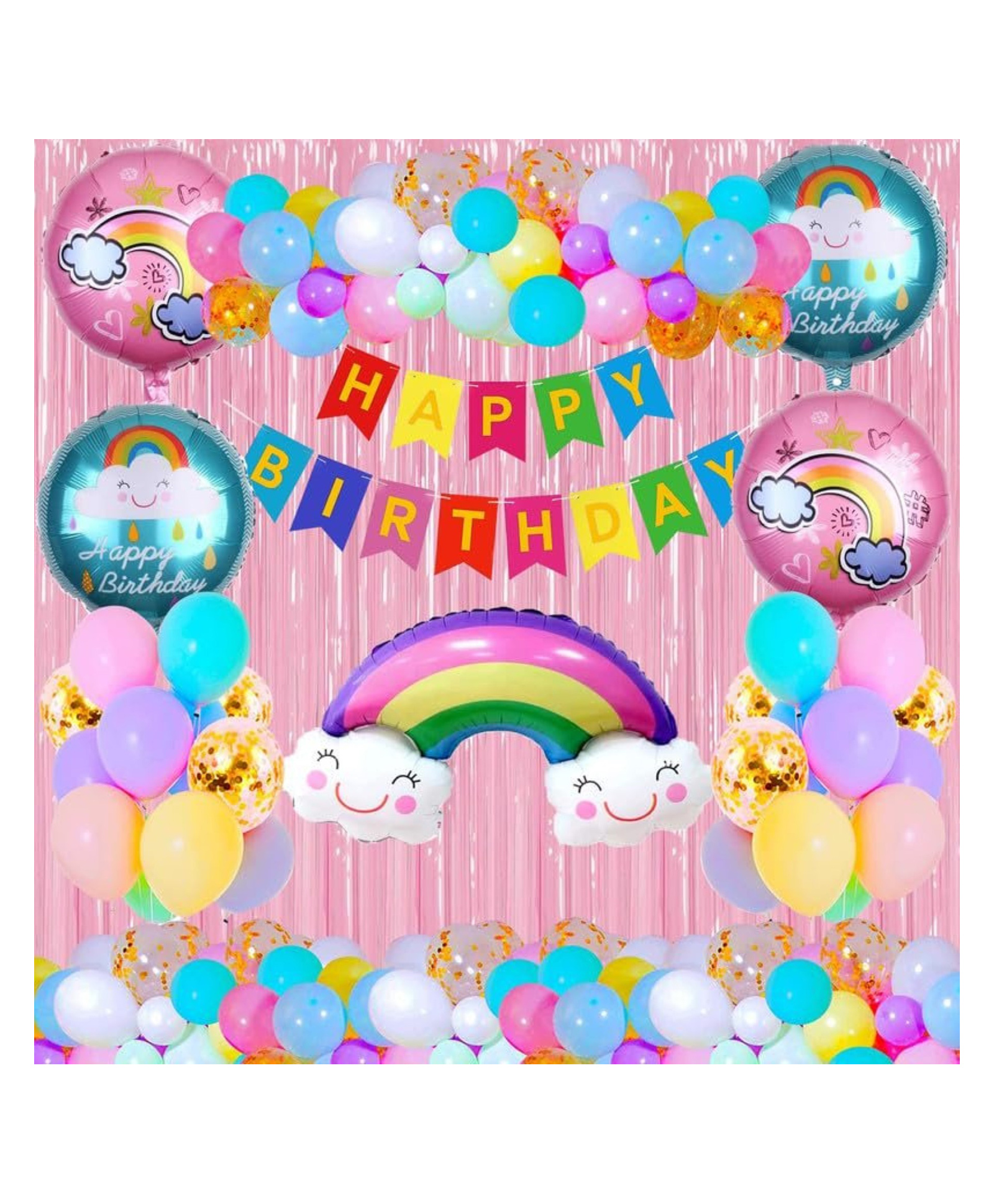 Bubble Trouble Happy Birthday Rainbow Theme Combo Kit Items With Pastel Balloons Foil Curtain Shimmer For Little Kids Theme Birthday Party Decorations Pack of 38-image-40