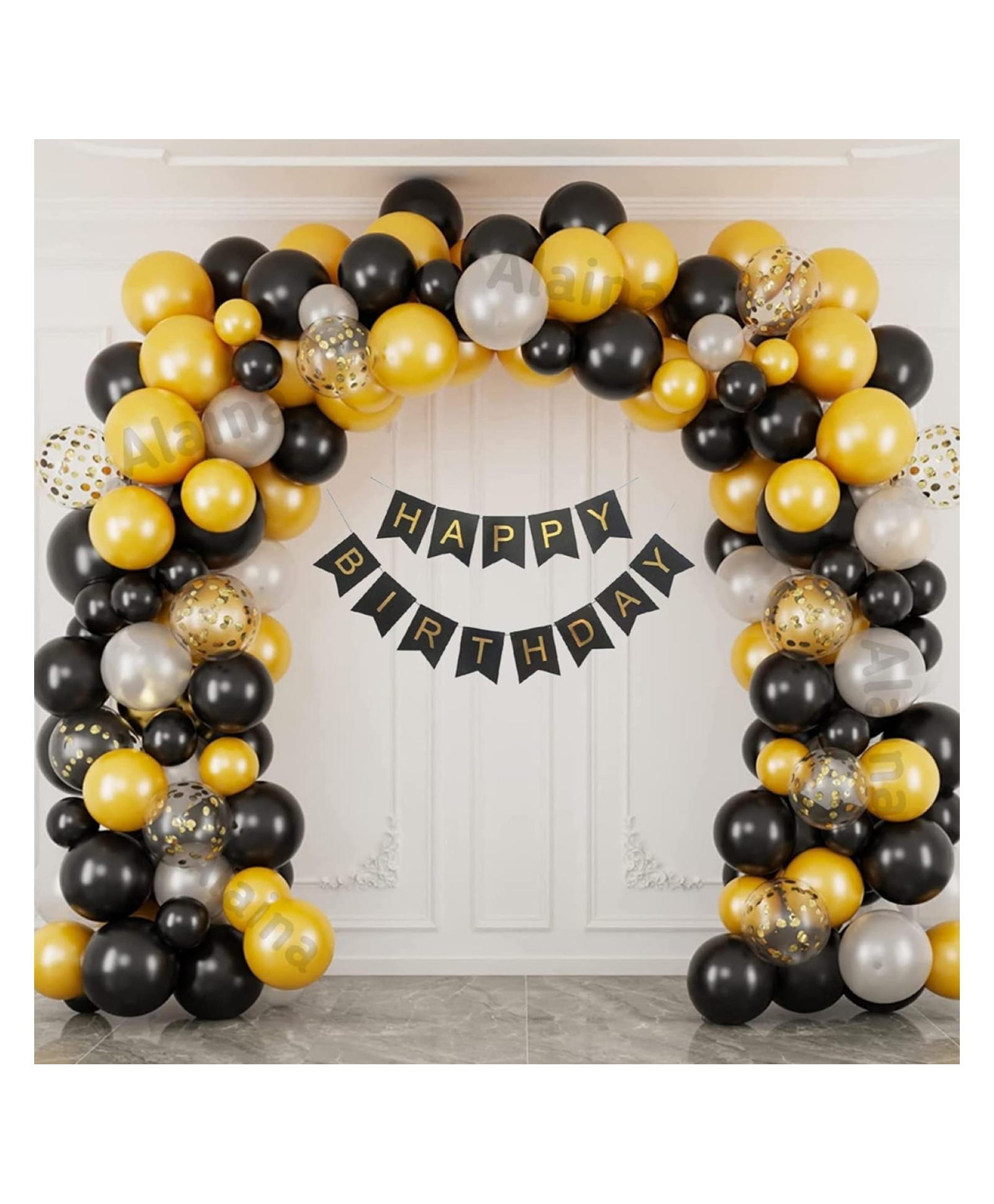 Bubble Trouble Black Golden Birthday Balloons for Decoration 56 Pcs Combo Pack - Happy Birthday Banner, Confetti Balloons, Metallic Balloons, Arch Strip-picture-15