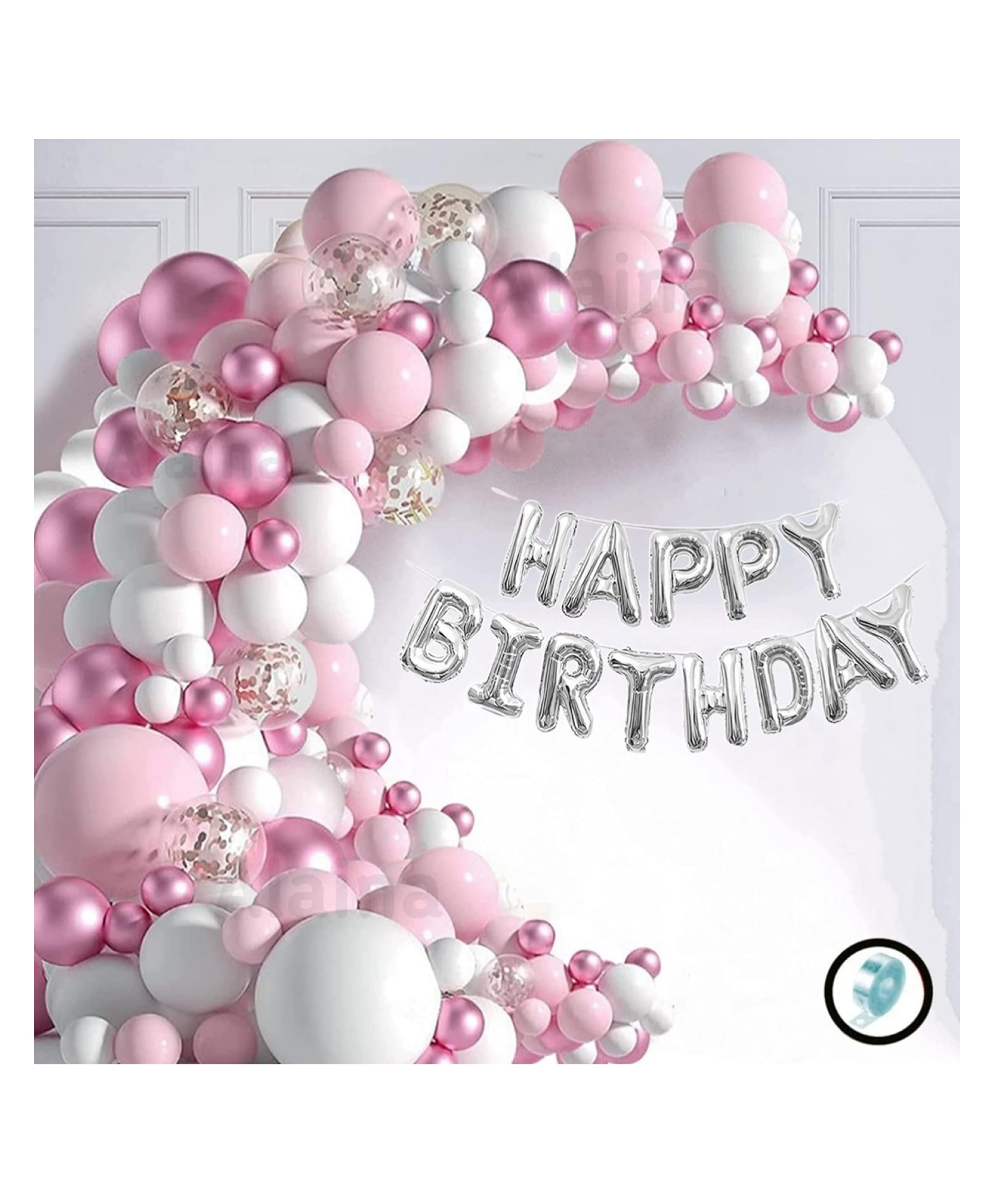 Bubble Trouble Pink & White Birthday Decoration Items 56 Pcs Combo Pack - Happy Birthday Foil Balloons, Silver Confetti Balloons, Pink Chrome Balloons, Pastel Balloons, Arch Strip (Pink & White)-picture-14