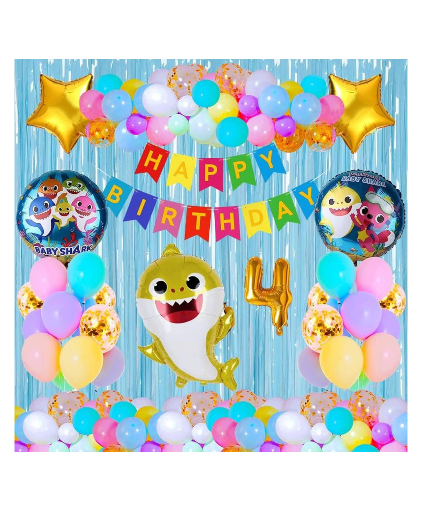 Bubble Trouble 4th Happy Birthday Baby Shark Theme Combo Kit Items With Pastel Balloons Foil Curtain Shimmer For Little Kids Theme Birthday Party Decorations Multi Color Pack of 39-image-24