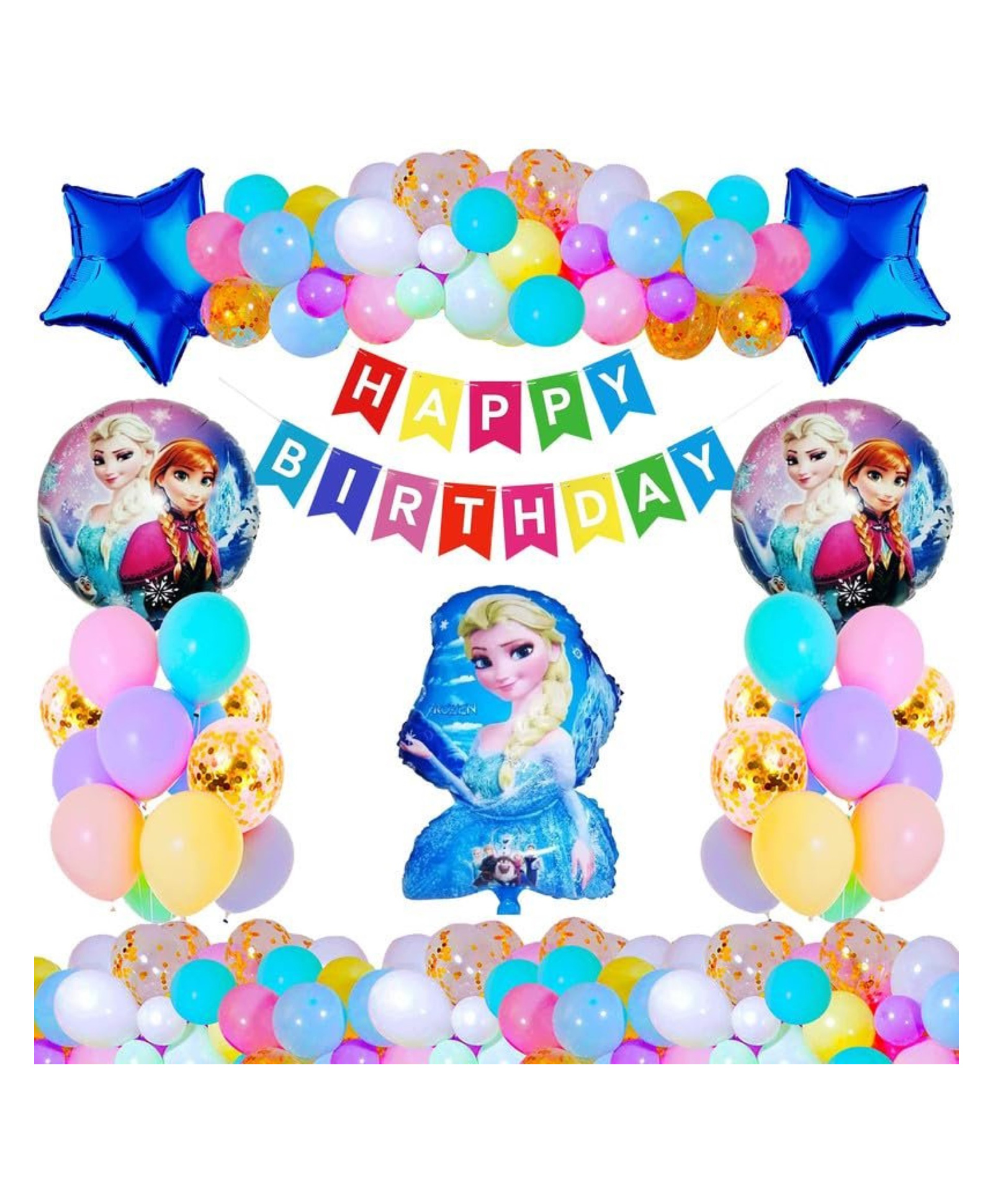 Bubble Trouble Happy Birthday Decoration Frozen Theme Combo Kit Items With Pastel Balloons HBday Papper Banner For Little Kids Theme Birthday Party Decorations Multi Color Pack of 36-image-9