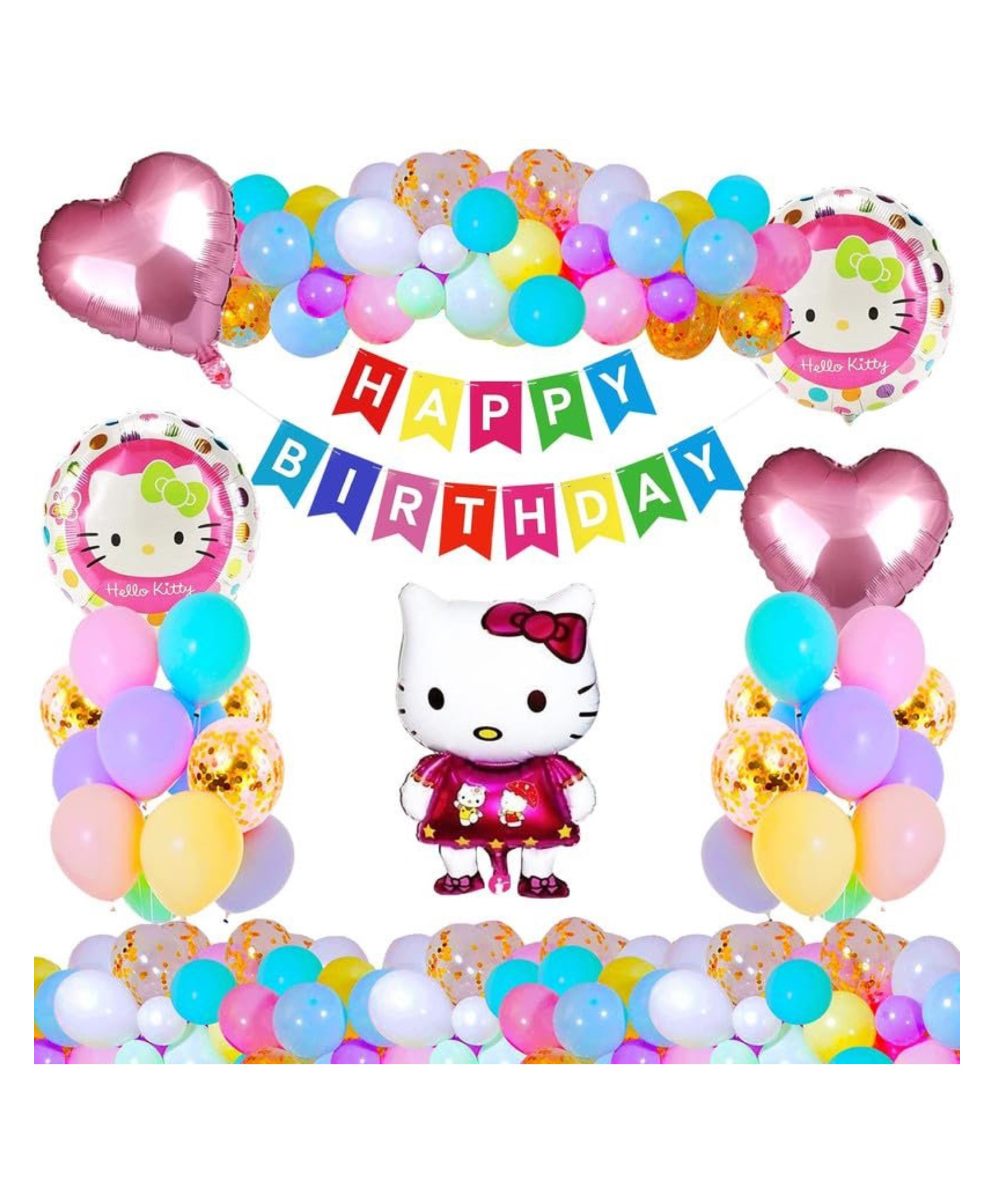Bubble Trouble Happy Birthday Decoration Hello Kitty Theme Combo Kit Items With Pastel Balloons HBday Papper Banner For Little Kids Theme Birthday Party Decorations Multi Color Pack of 36-picture-24