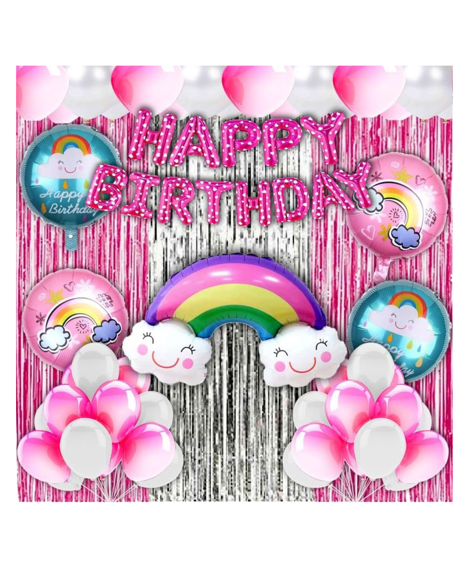 Bubble Trouble Happy Birthday Decoration Rainbow Theme Combo Kit Items With Metallic Balloons Foil Curtain Shimmer For Little Kids Theme Birthday Party Decorations Pink Pack of 39-picture-12