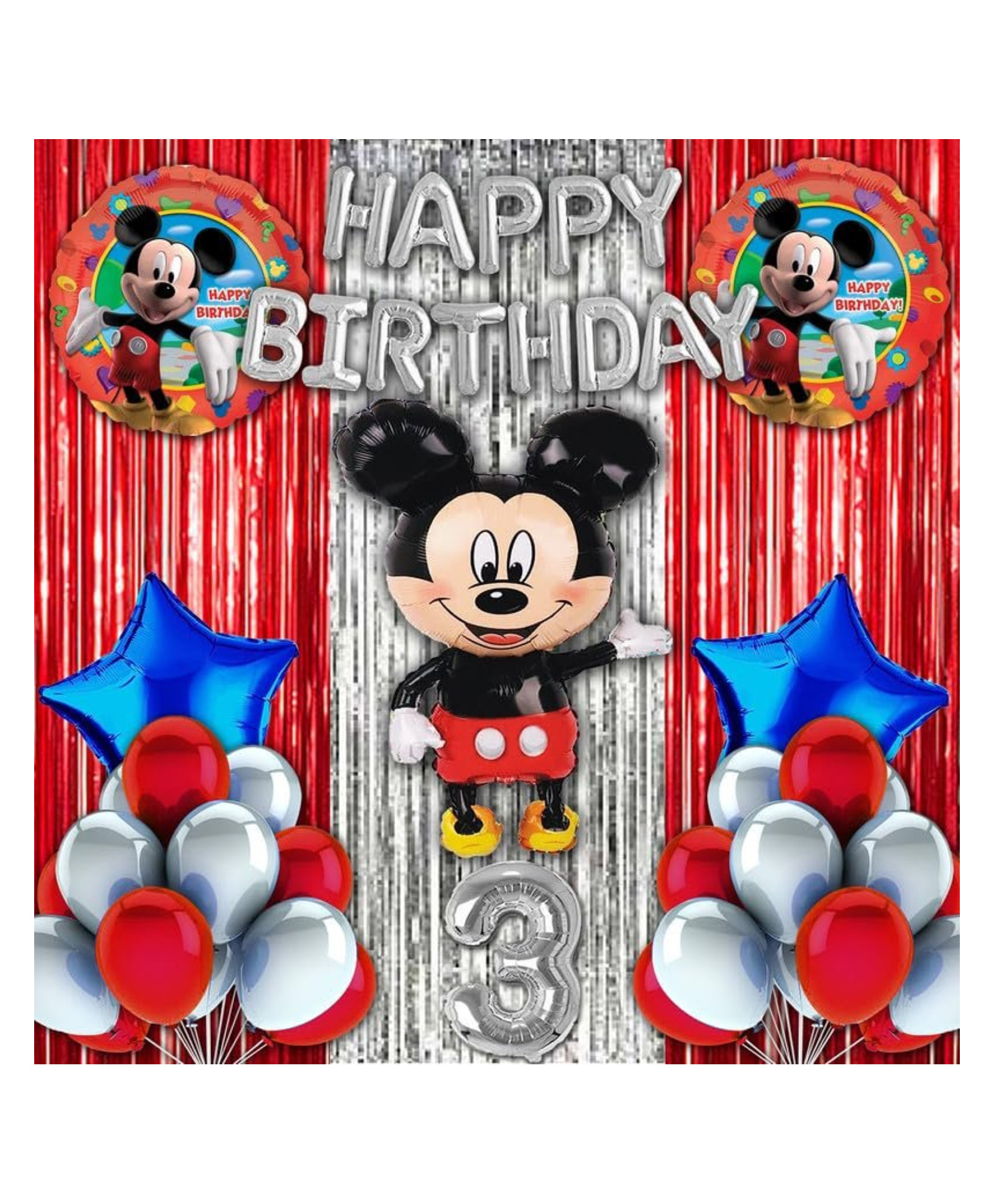 Bubble Trouble 3rd Happy Birthday Decoration Mickey Mouse Theme Combo Kit Items With Metallic Balloons Foil Curtain Shimmer For Little Kids Theme Birthday Party Decorations Red Pack of 40-picture-25