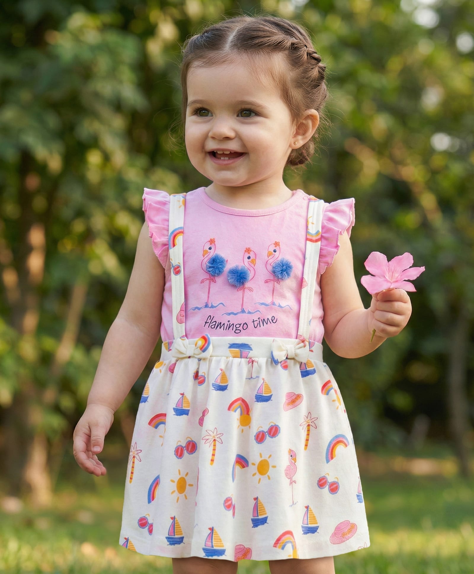 Babyoye Cotton Knit Half Sleeves Top & Skirt with Flamingo Print & Applique - Pink & Cream-image-30