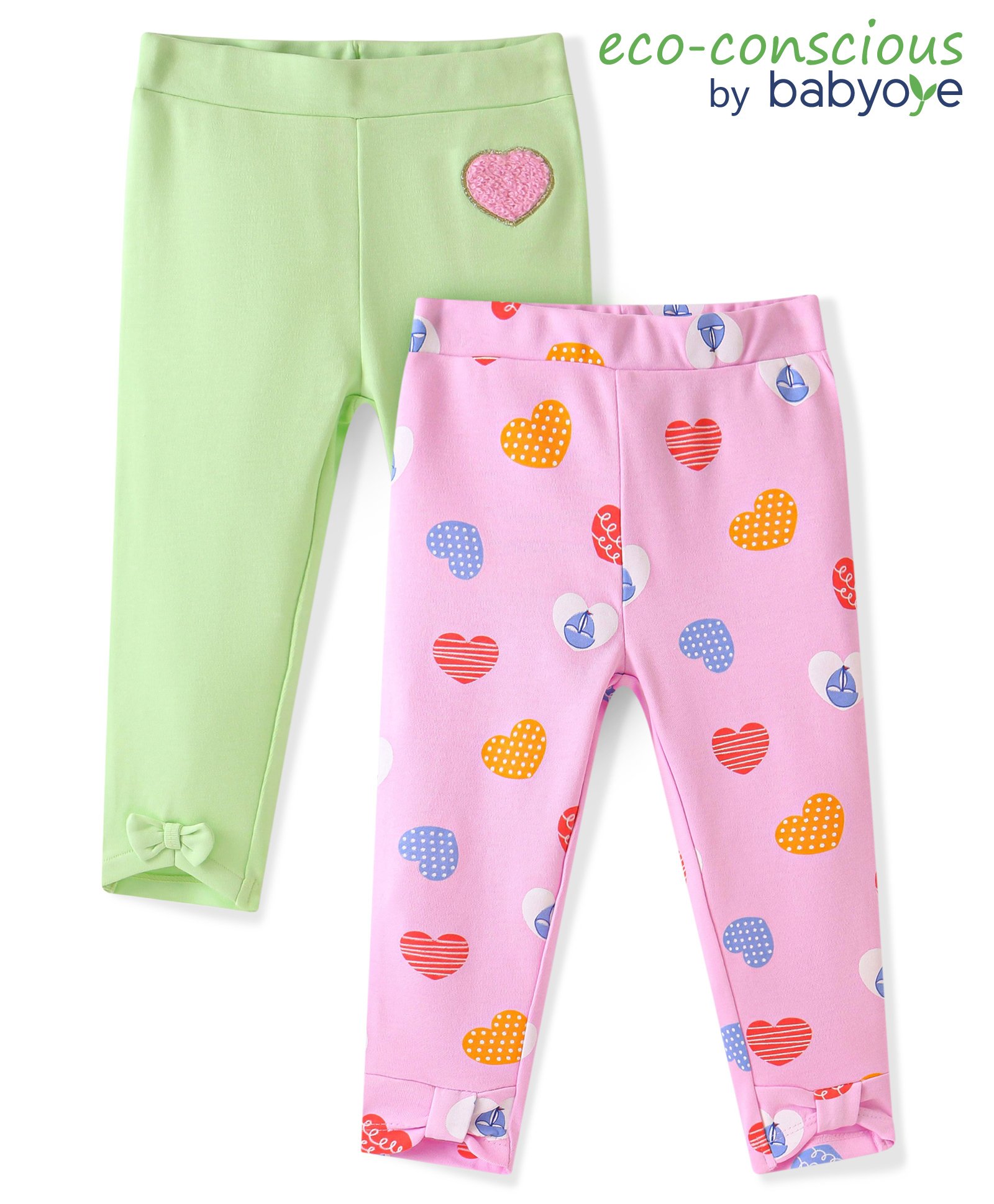 Babyoye Cotton Leggings with Heart Print Pack of 2 - Pink & Green-image-2