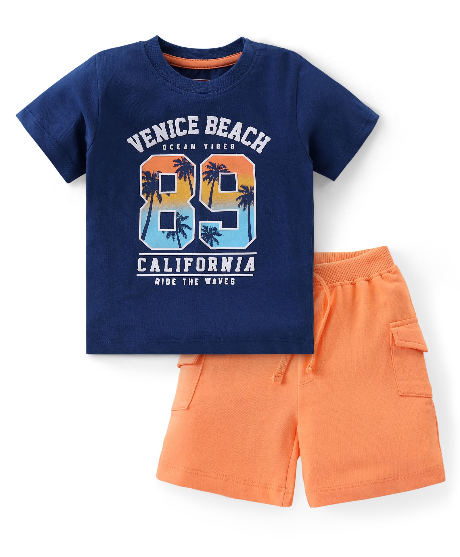 Babyhug Cotton Knit Half Sleeves T-Shirt & Shorts Set With Text Print - Blue & Orange-picture-17