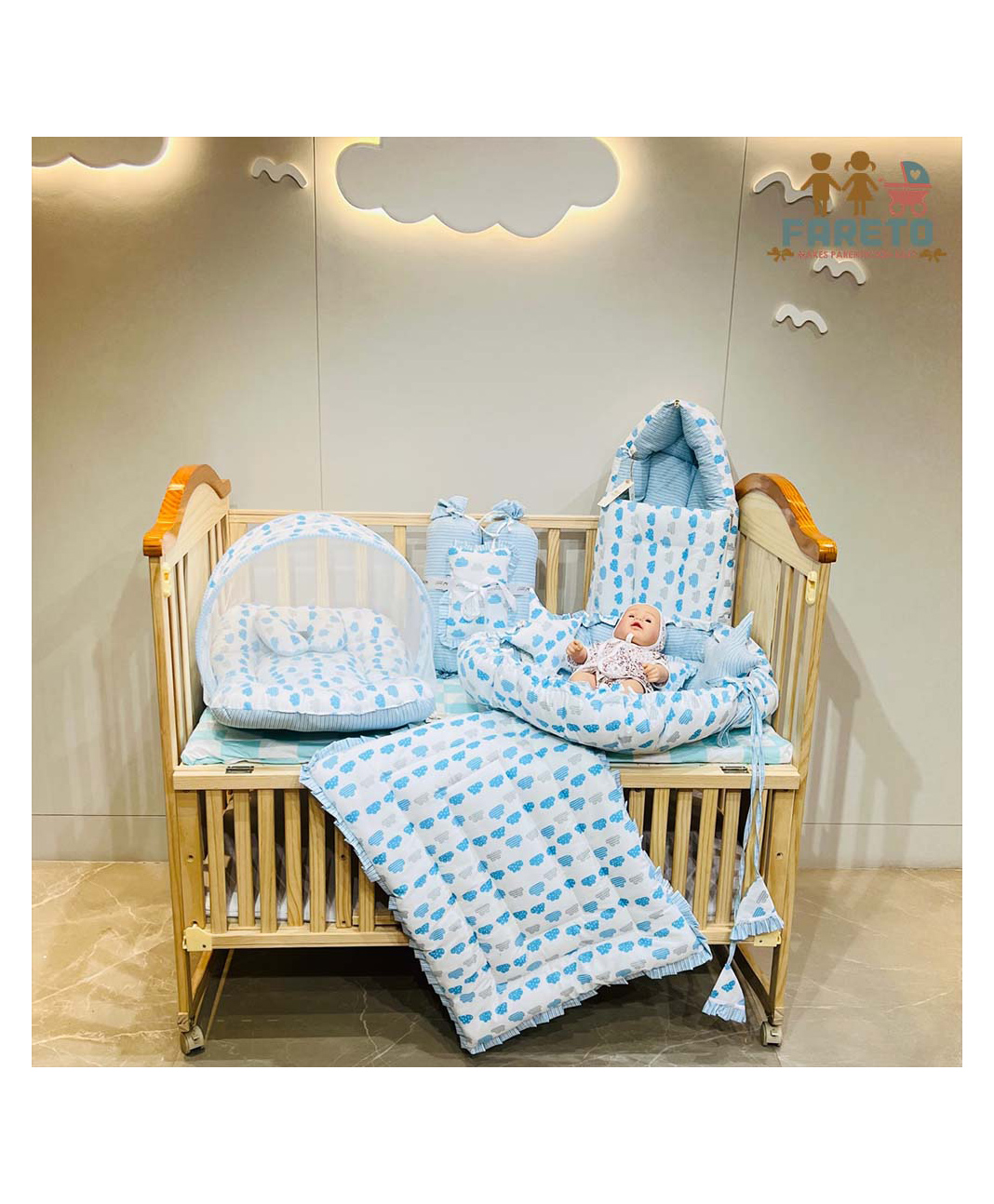 Fareto Complete Bedding Set essentials Combo For Baby - Cloud Line Blue-picture-22