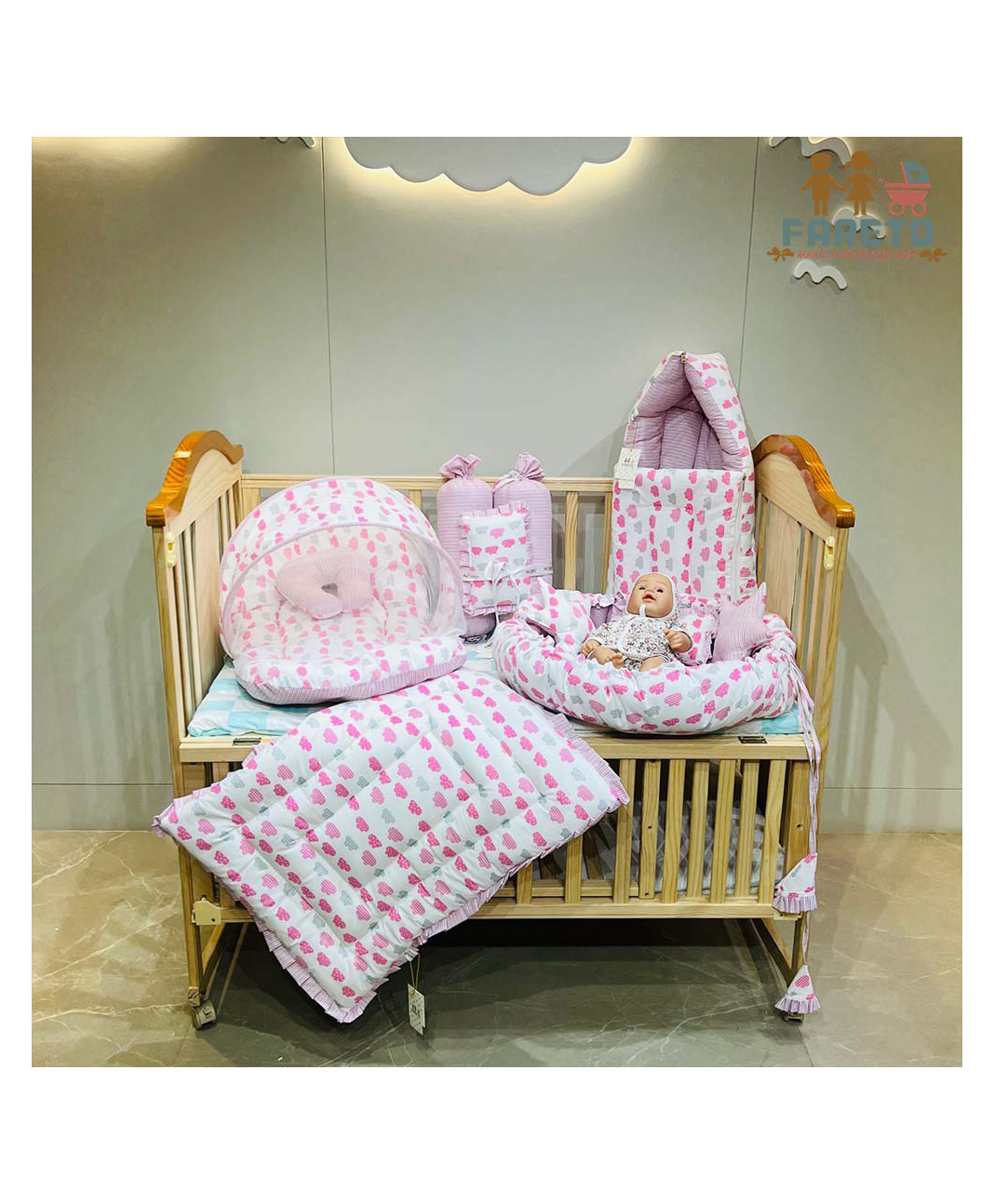 Fareto Complete Bedding Set essentials Combo For Baby - Cloud Line Pink-picture-21