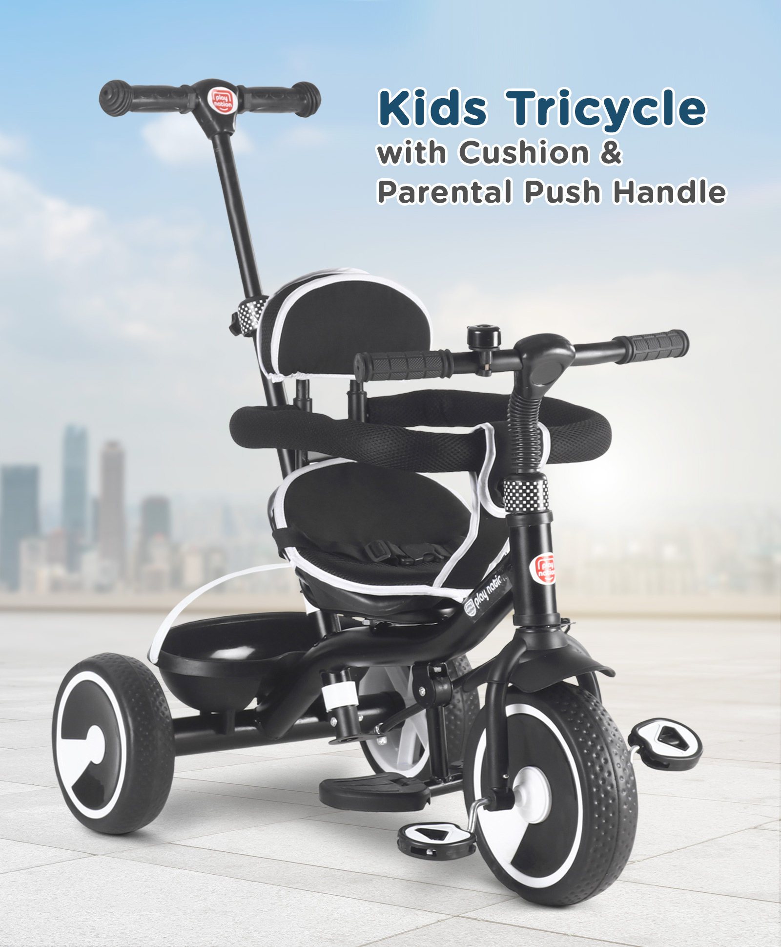Play Nation Kids Tricycle with Cushion & Parental Push Handle  - Black-picture-14