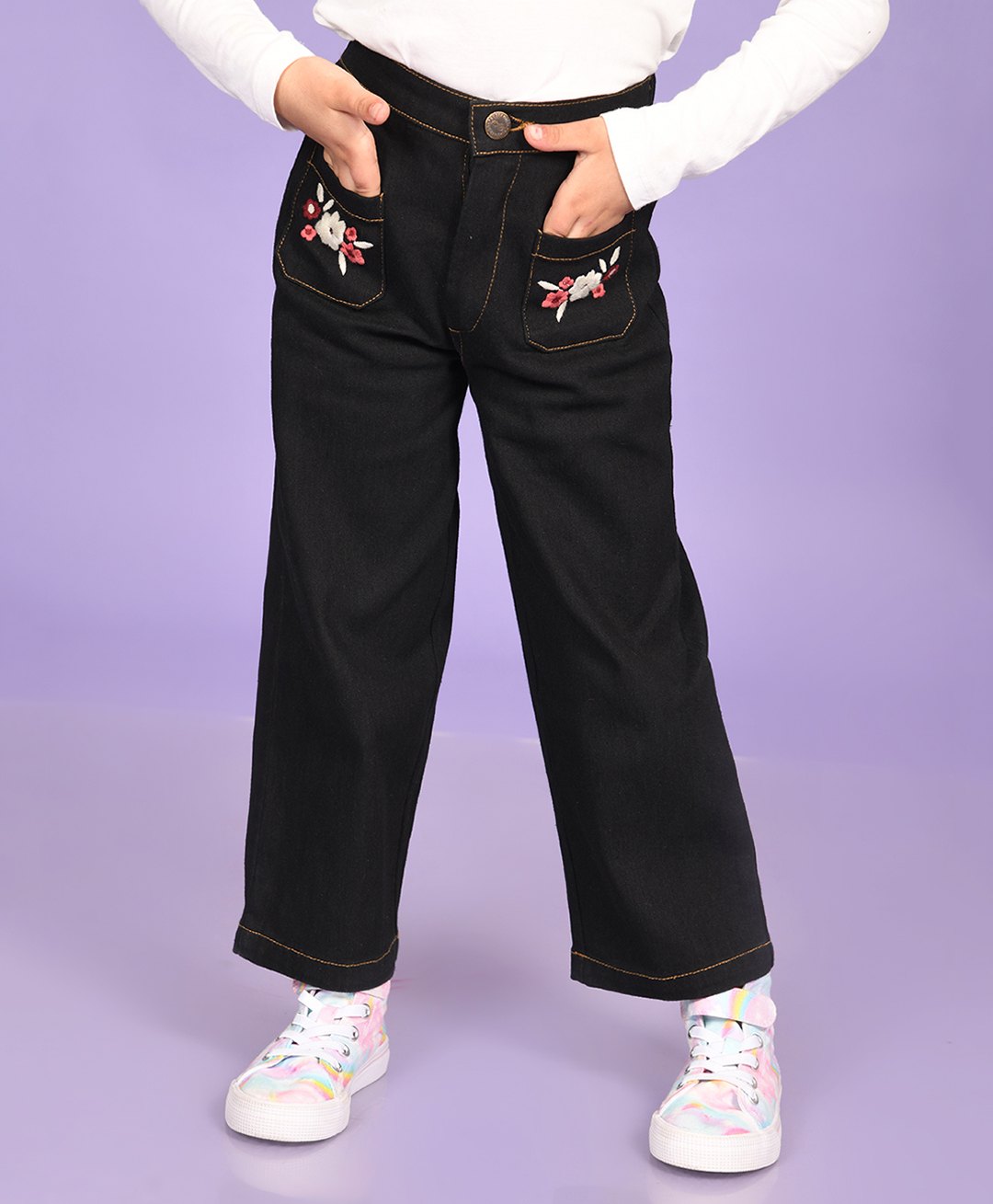 Superminis Floral Embroidered Denim Jeans - Black-picture-15