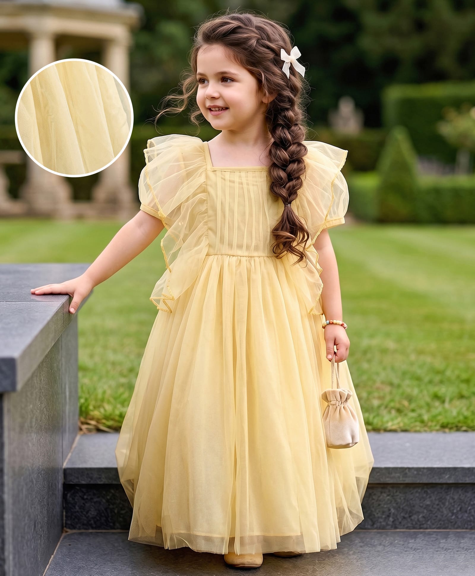 Kookie Kids Puffed Sleeves Solid Color Party Gown with Frill Detailing -Yellow-picture-16