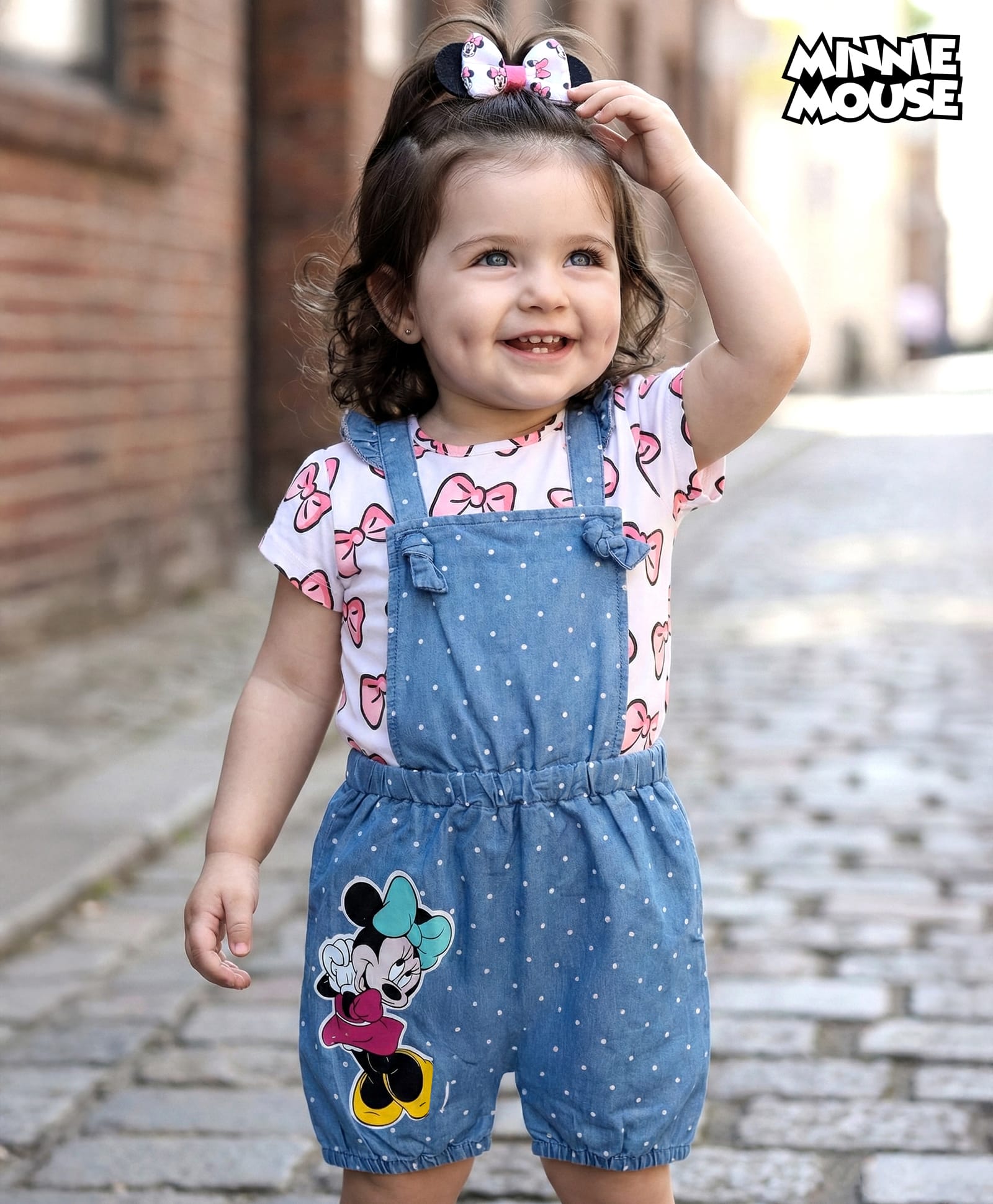 Babyhug Disney Cotton Half Sleeves T-Shirt with Dungaree  Minnie Mouse Print - Multicolour-picture-10
