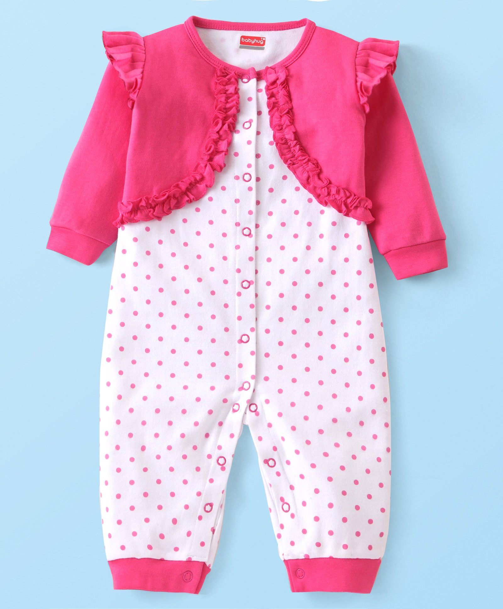 Babyhug 100% Cotton Knit Full Sleeves Romper With Polka Dot Print - Pink-image-20