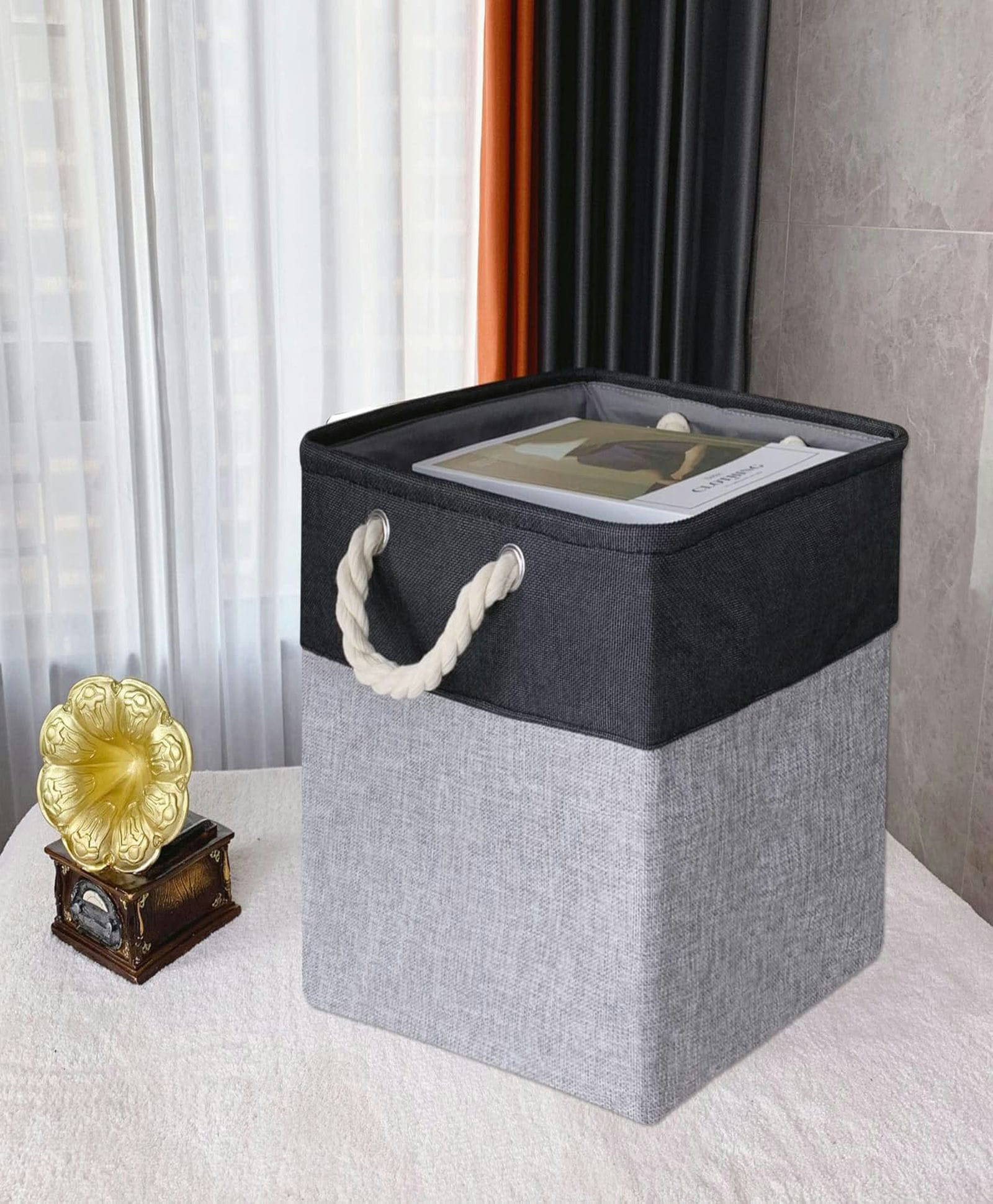 Kuber Industries Sqaure Storage Basket With Handle|Foldable Storage Organizer|(Black-Grey)-picture-11