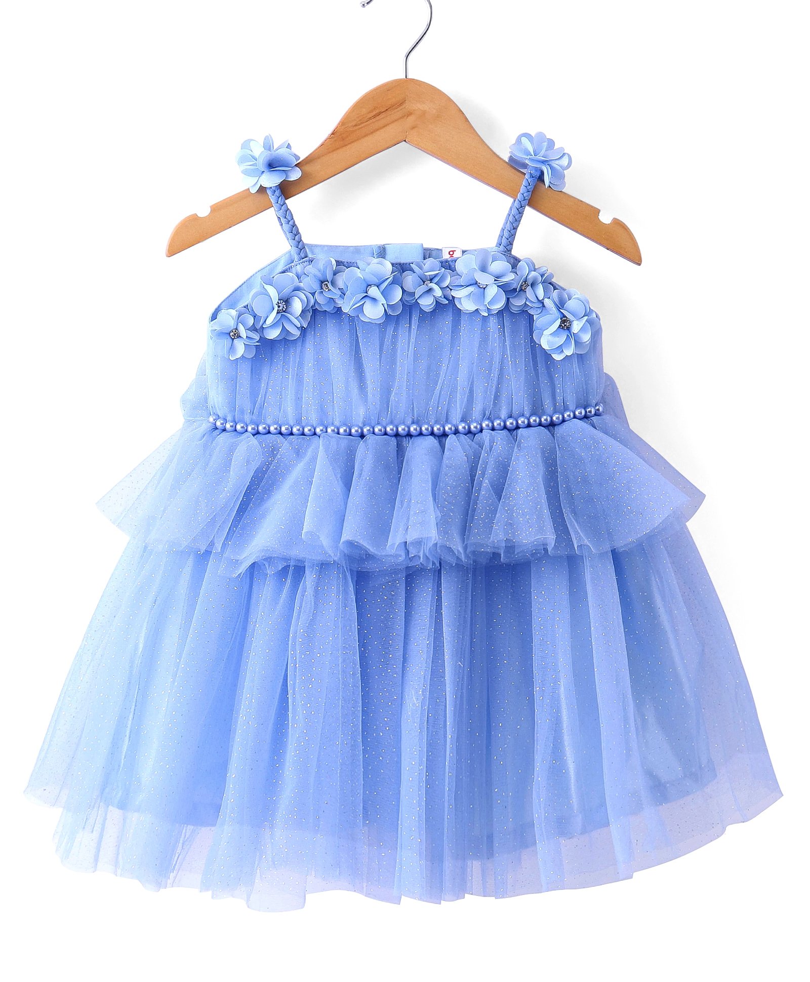 Babyhug Woven Sleeveless Shimmered Ruffled Party Frock with Floral Applique -Blue