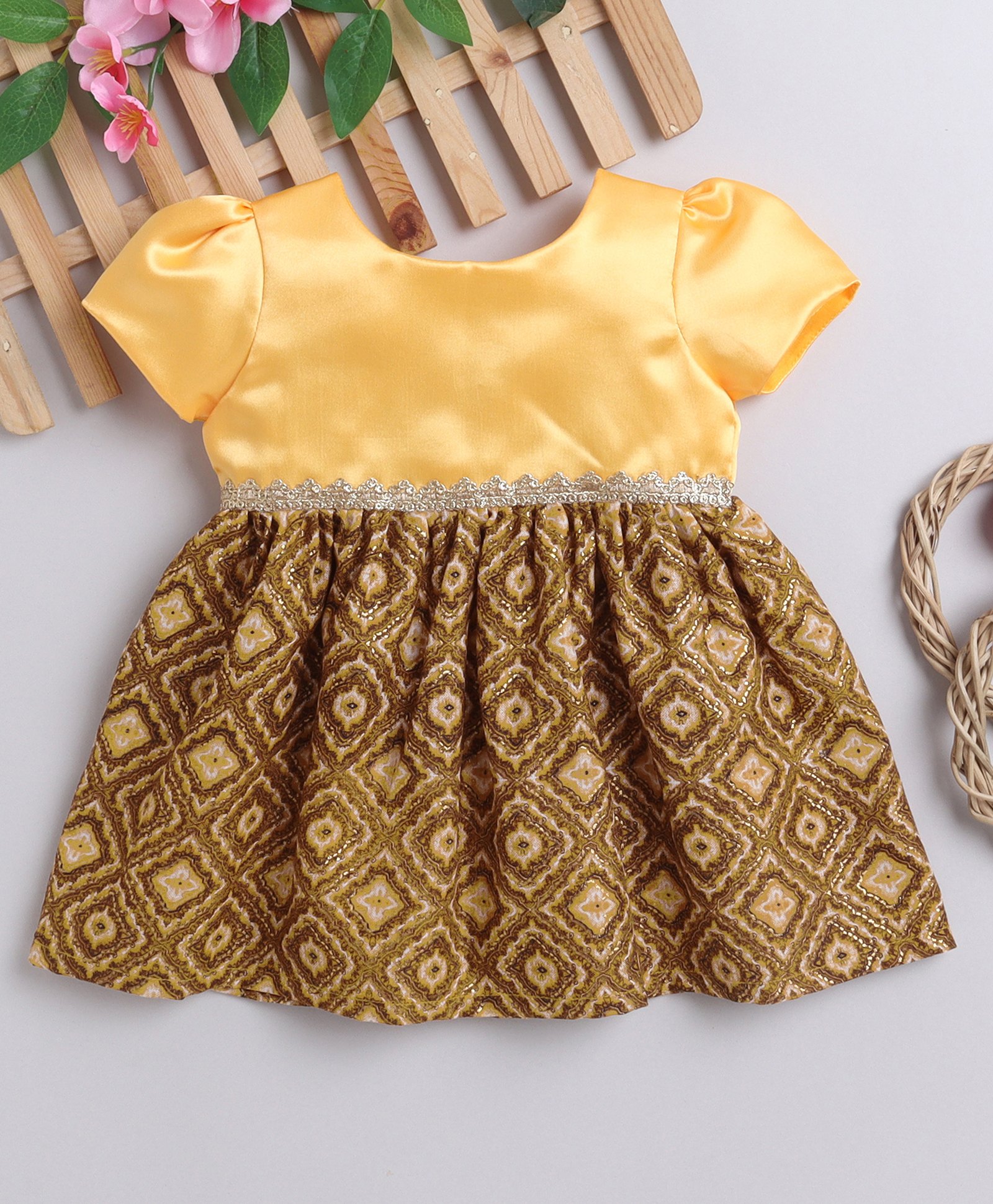 Many frocks & Half Sleeves Abstract Printed & Lace Embellished Dress -  Yellow-image-35