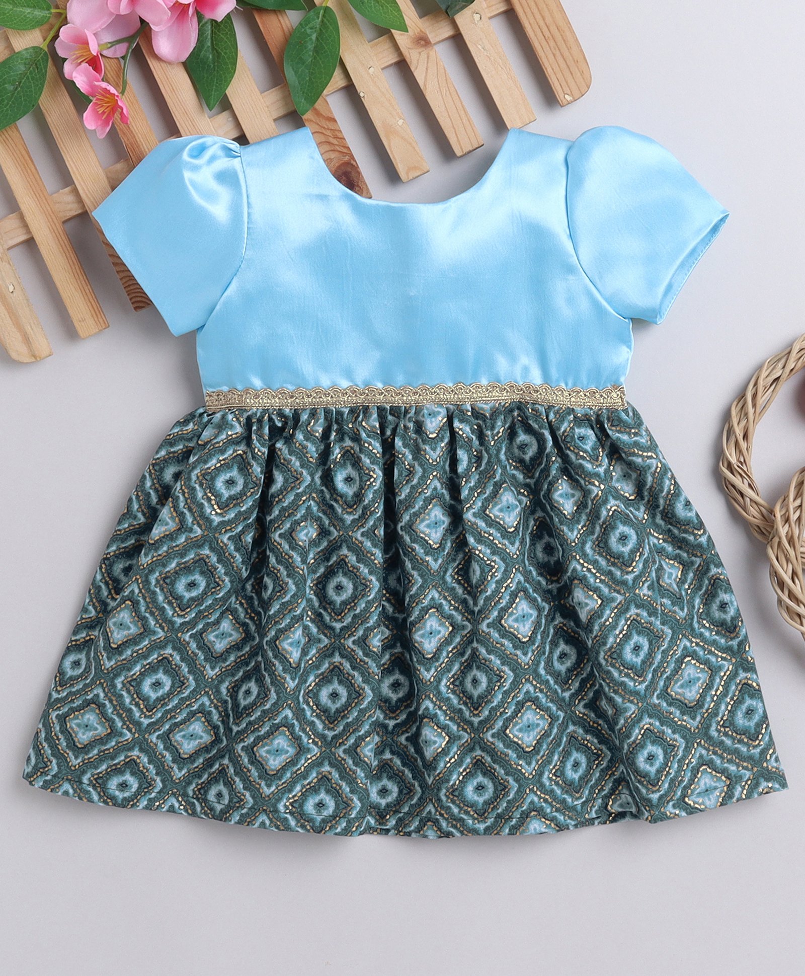 Many frocks & Half Sleeves Abstract Printed & Lace Embellished Dress -  Blue-image-32