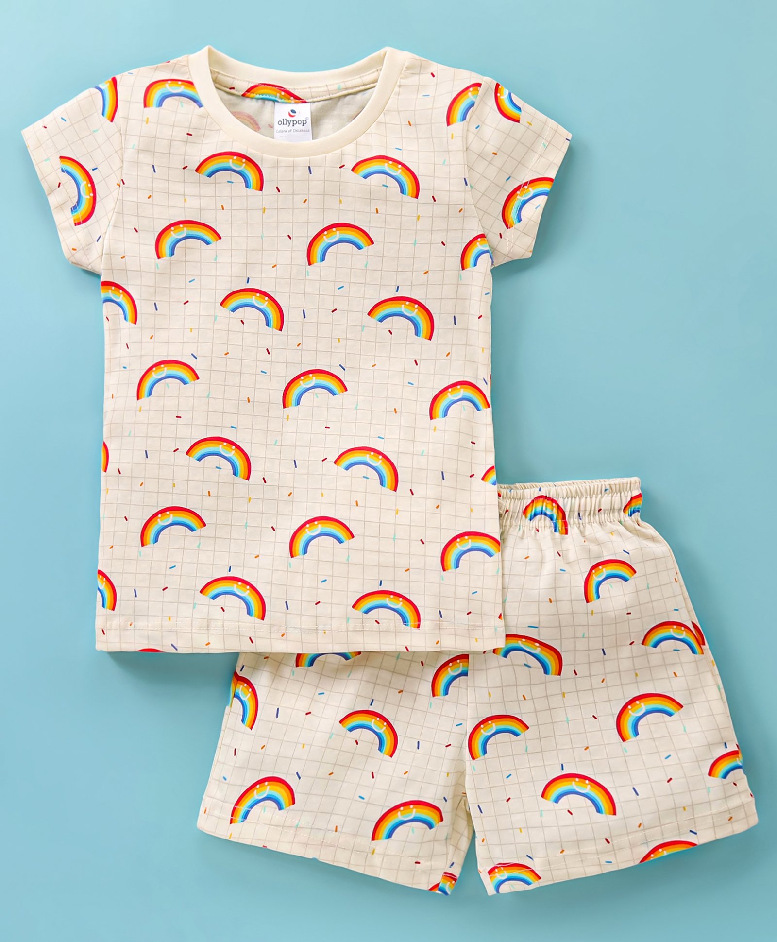 Ollypop Cotton Knit   Half Sleeves Nightsuit with Rainbow Print - Cream-image-38