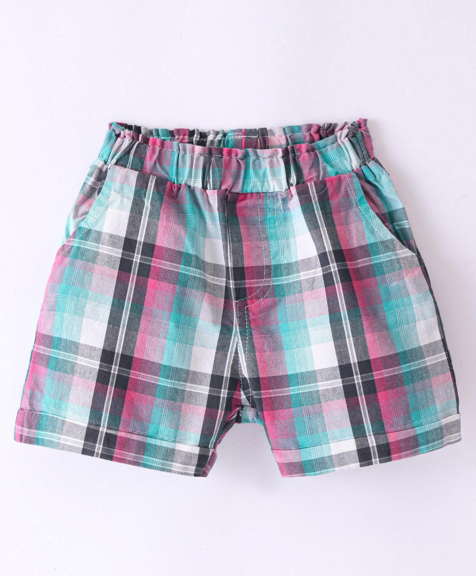 Ollypop Cotton Woven Knee Length Checkered Shorts - Dark Pink & Green-image-17