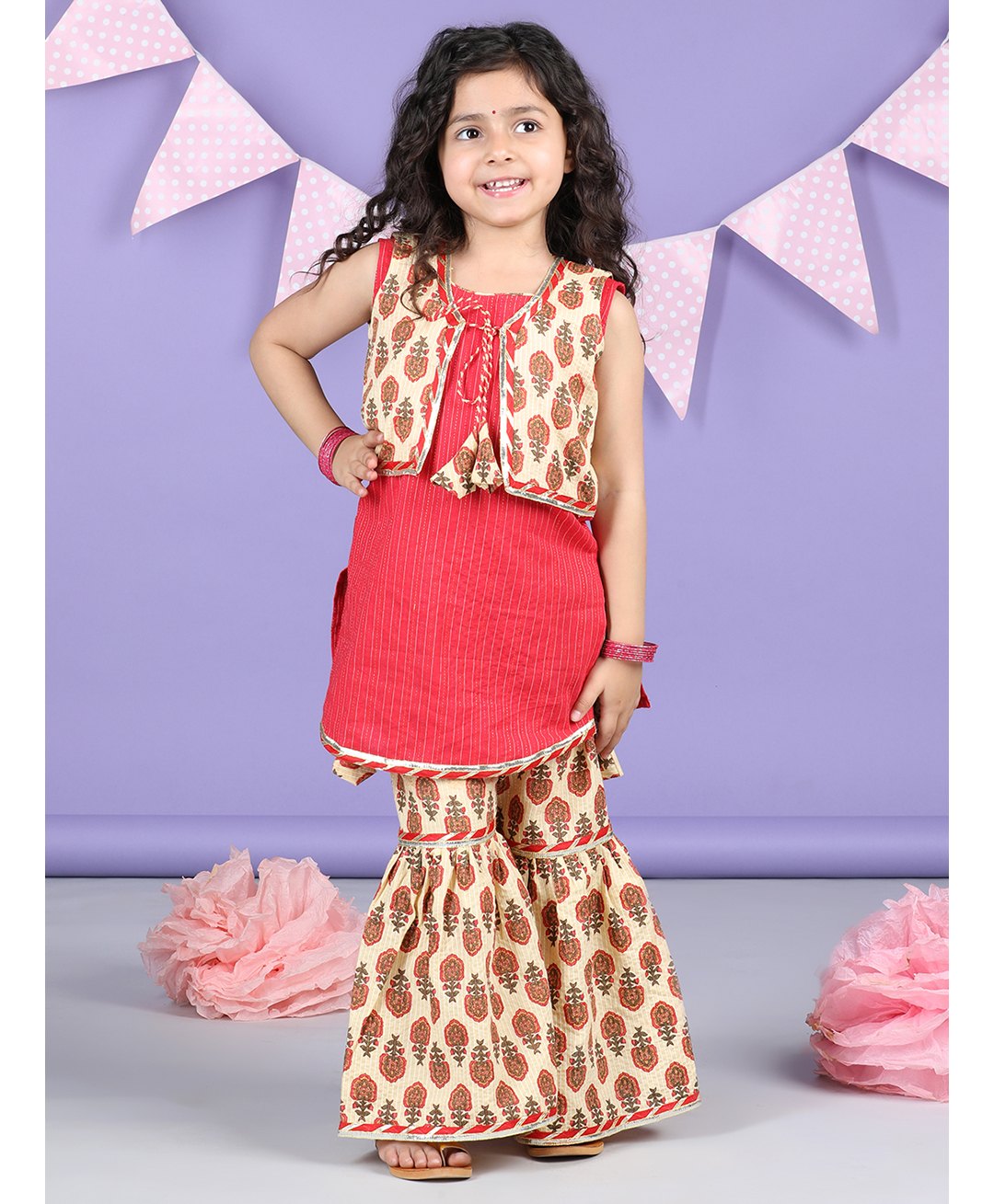 Kinder Kids Sleeveless Floral Printed & Gota Lace Embellished Coordinating Kurta Sharara With Jacket -  Red-image-15