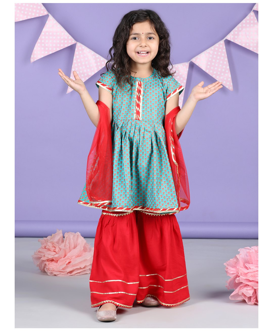 Kinder Kids Half Sleeves Floral Motif Printed & Gota Lace Embellished Coordinating Kurta Sharara  With Dupatta - Blue & Red-image-36