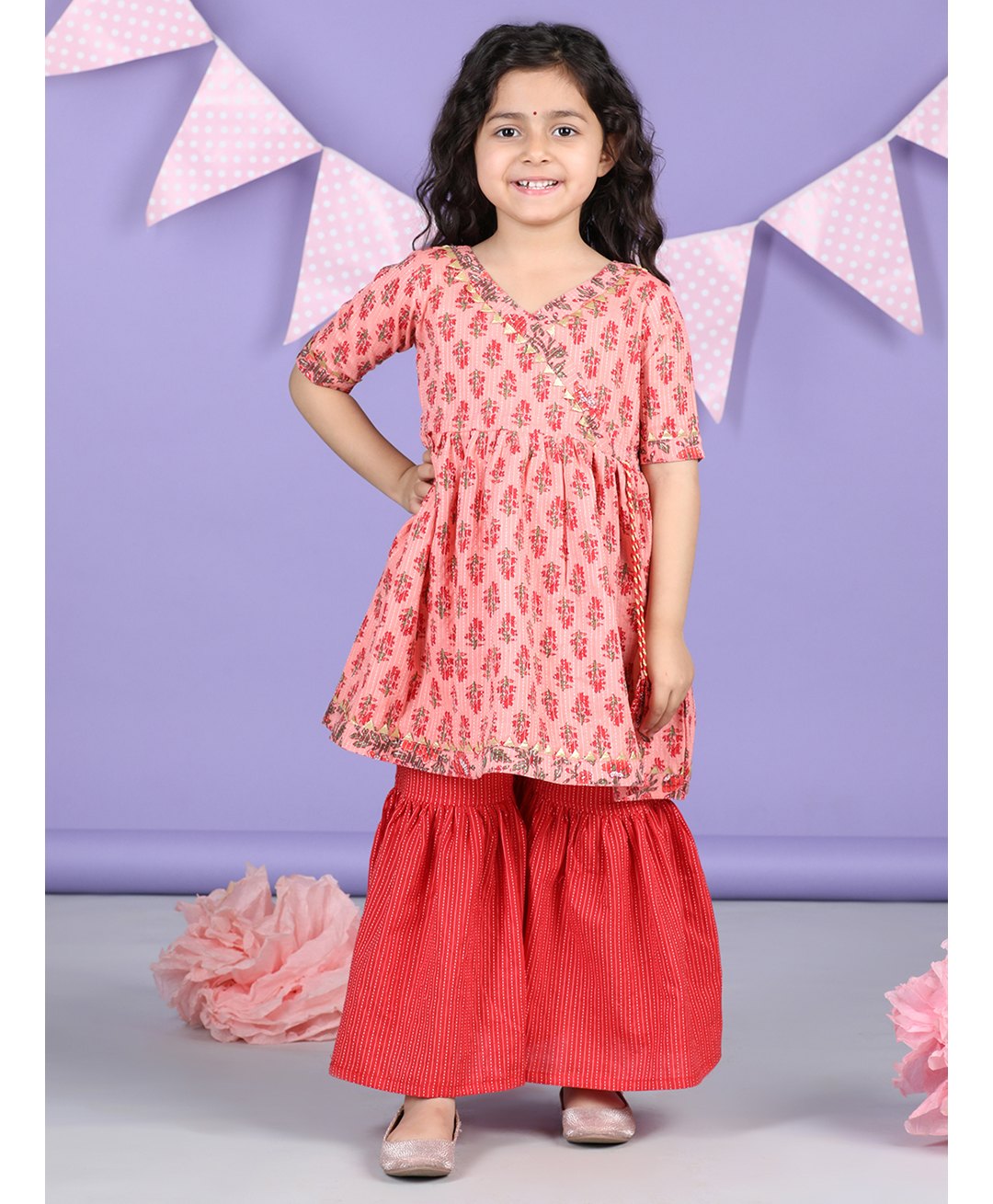 Kinder Kids Half Sleeves Striped & Floral Printed With Gota Lace Embellished Kurta & Sharara - Peach & Red-picture-24