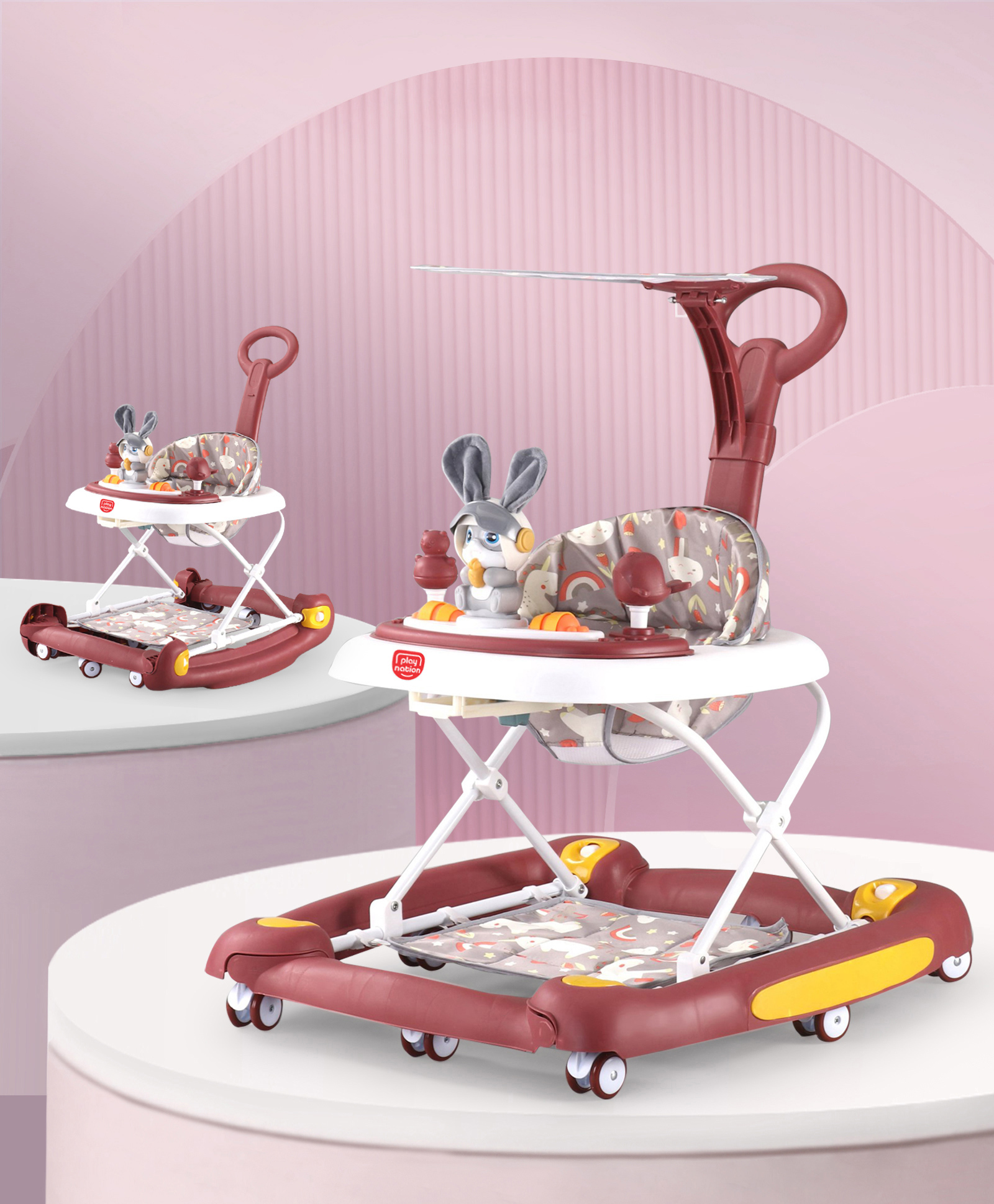 Play Nation 2 in 1 Unicorn Foldable Baby Walker Cum Rocker With Parental Handle & Upper Sun Shade - Red-picture-24