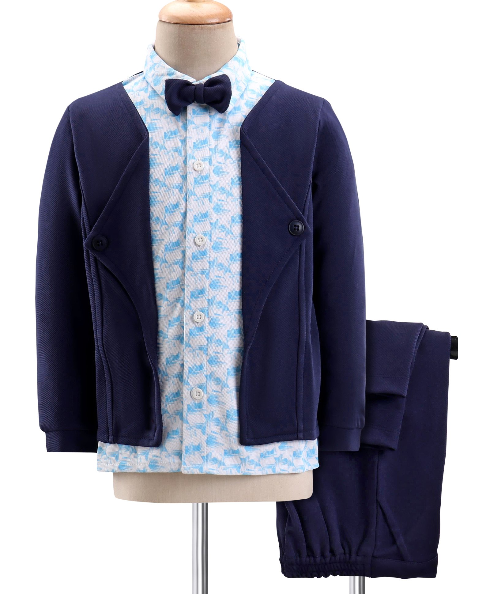 Babyhug Knit Full Sleeves Printed Shirt & Trouser Set with Attached Blazer & Bow - Navy Blue-image-49