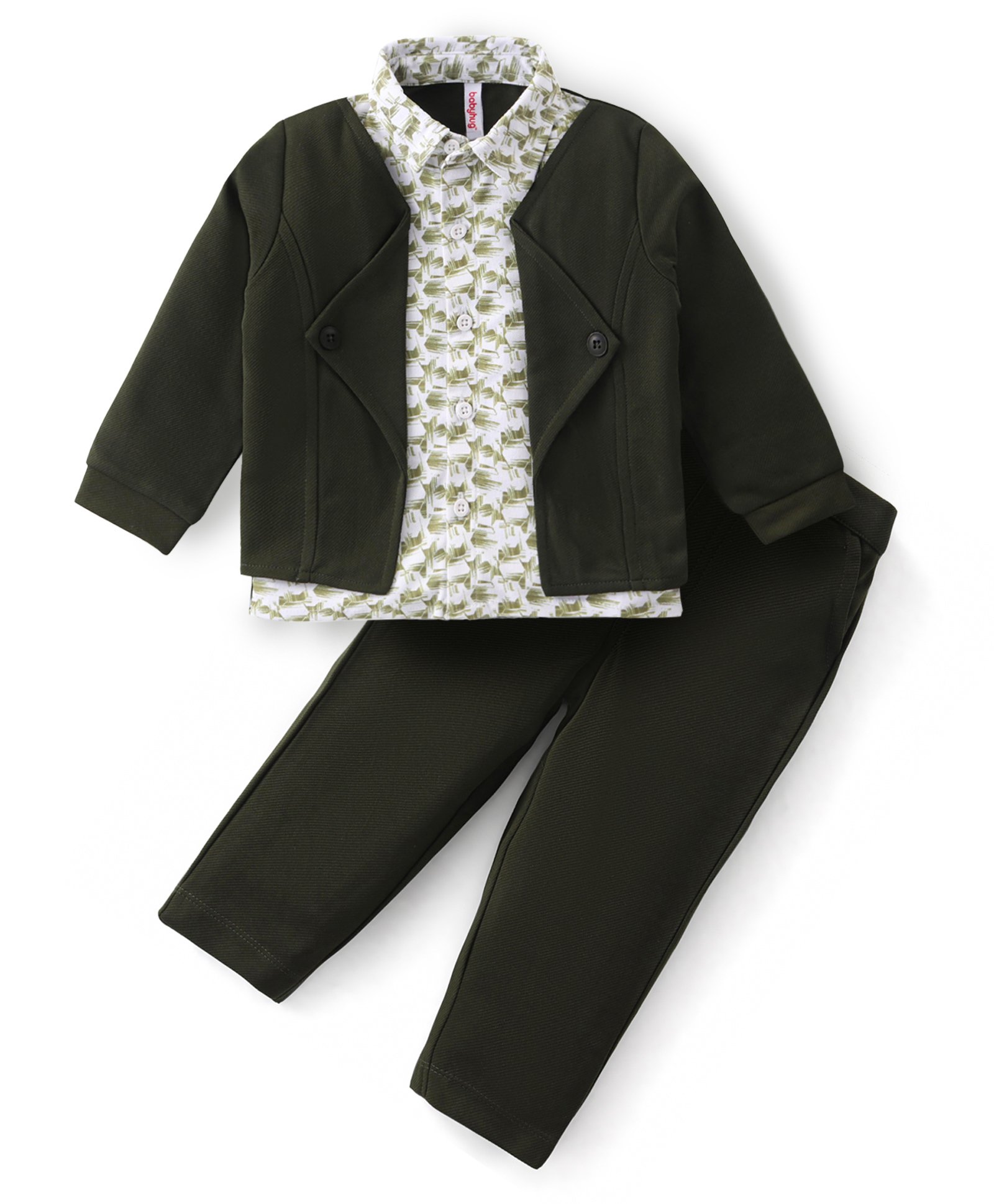 Babyhug Printed Shirt With Full Sleeves Attached Knitted Blazer & Trouser - Olive-image-3