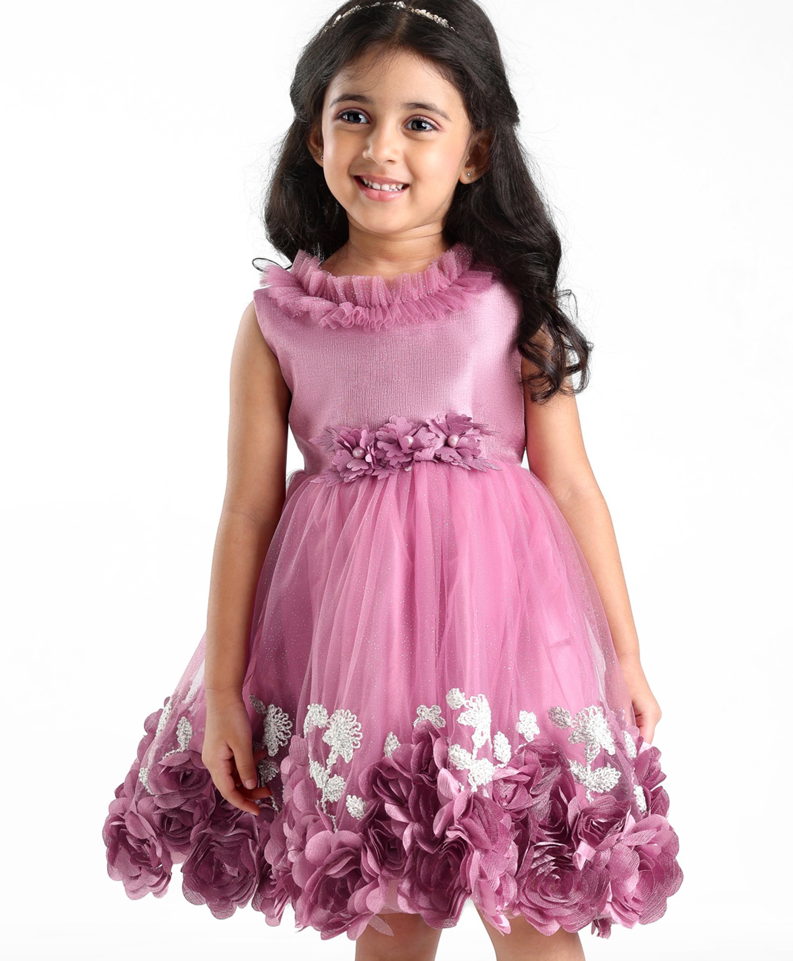 Babyhug Sleeveless Floral & & Pearl Embellishment Fit & Flared Party Frock - Mauve-image-9