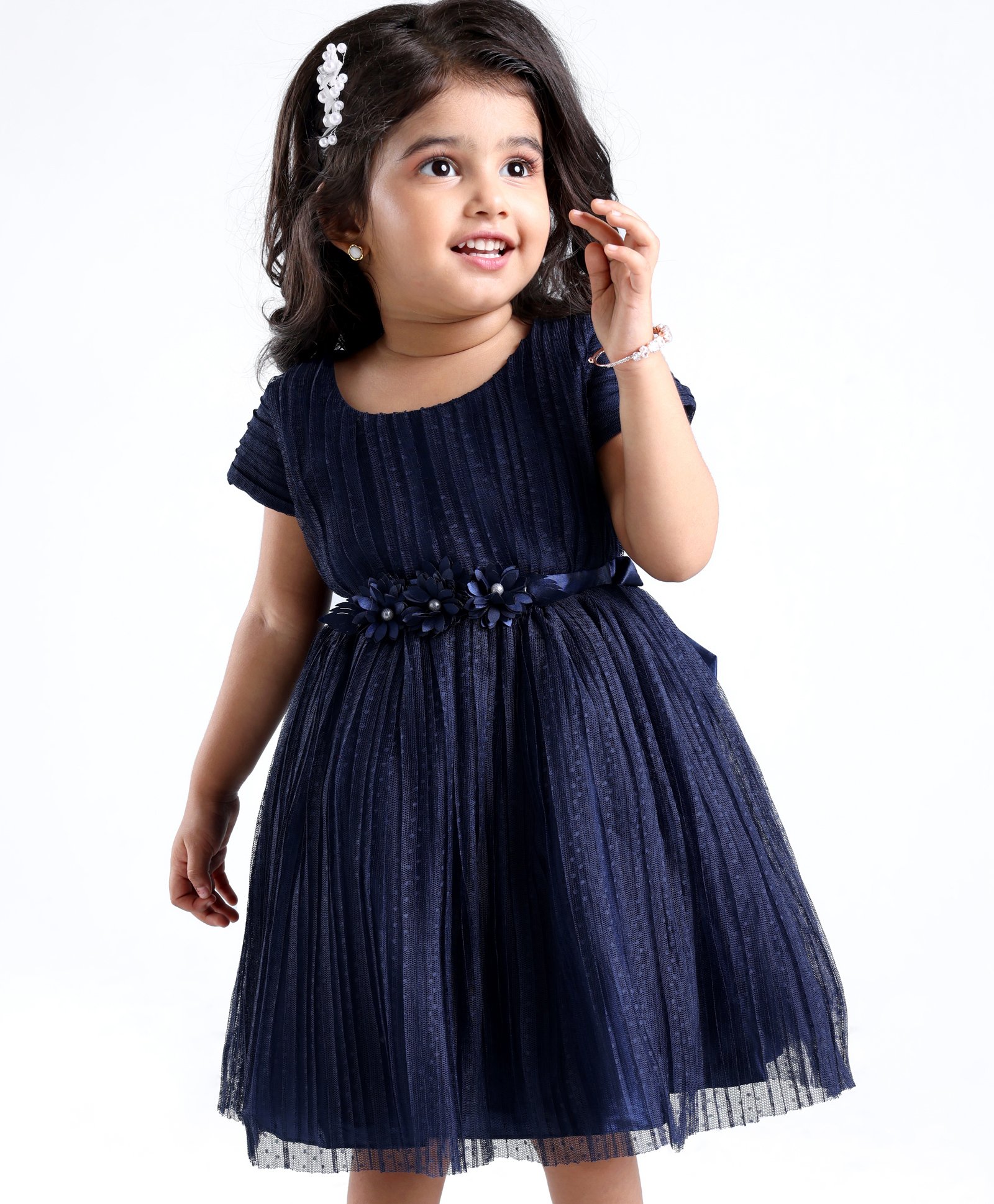 Babyhug Cap Sleeves  Fit & Flare   Party Frock with Floral Applique - Navy Blue-image-4