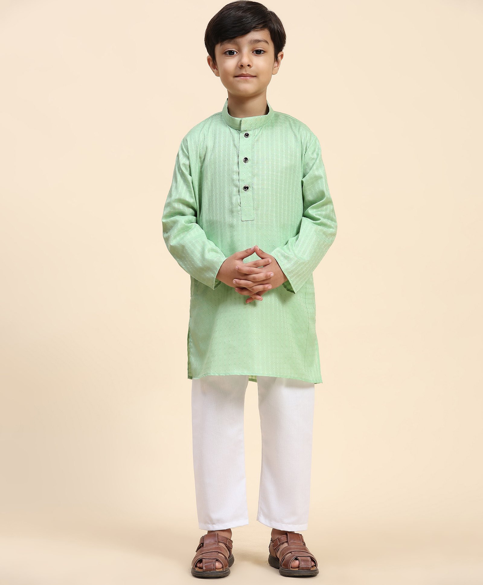 P-MARK Full Sleeves Self Design Kurta With Pyjama Set - Light Green-image-30