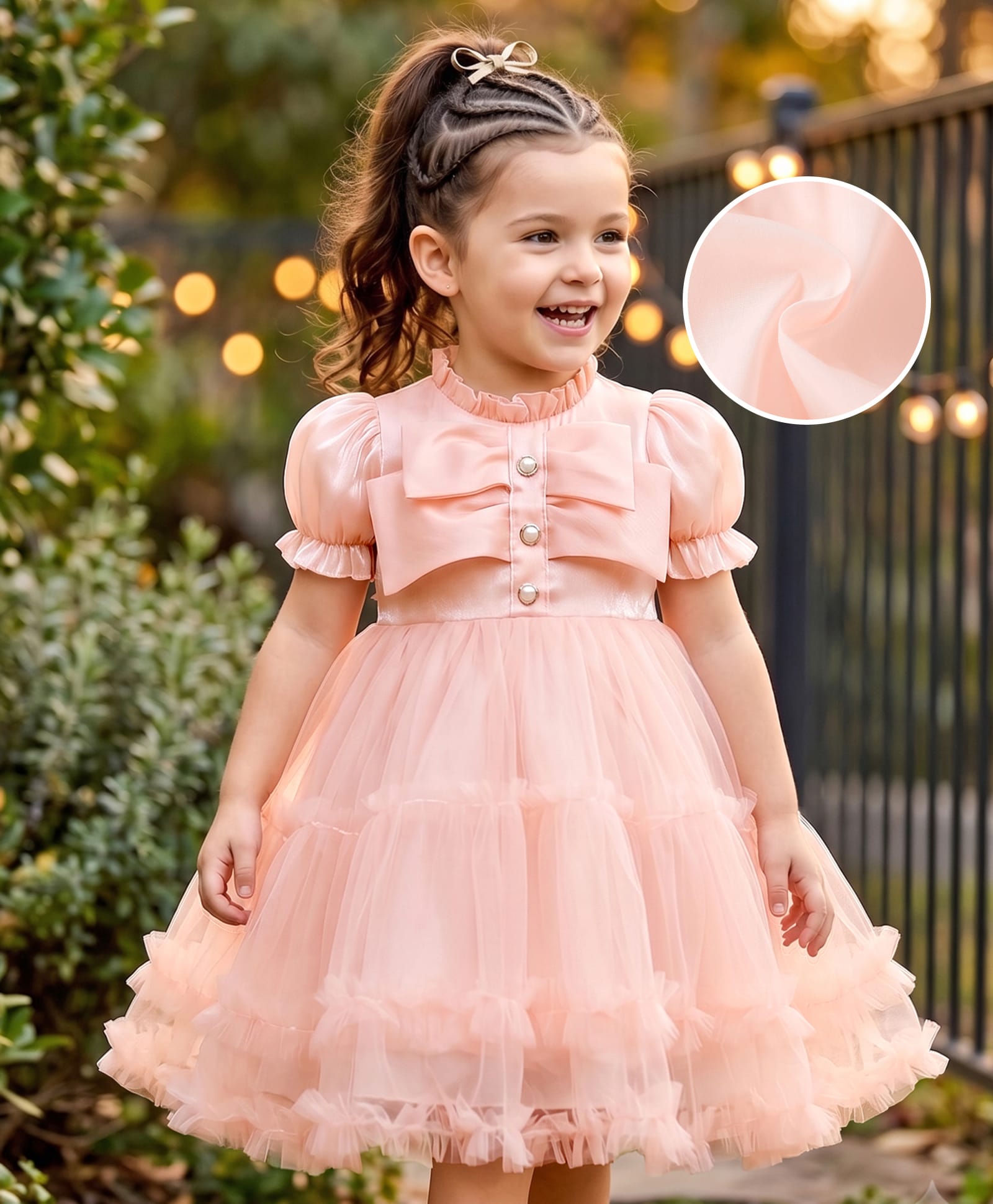 Kookie Kids Puffed Half  Sleeves Party Frock with Frill & Button Detailing - Pink-image-48