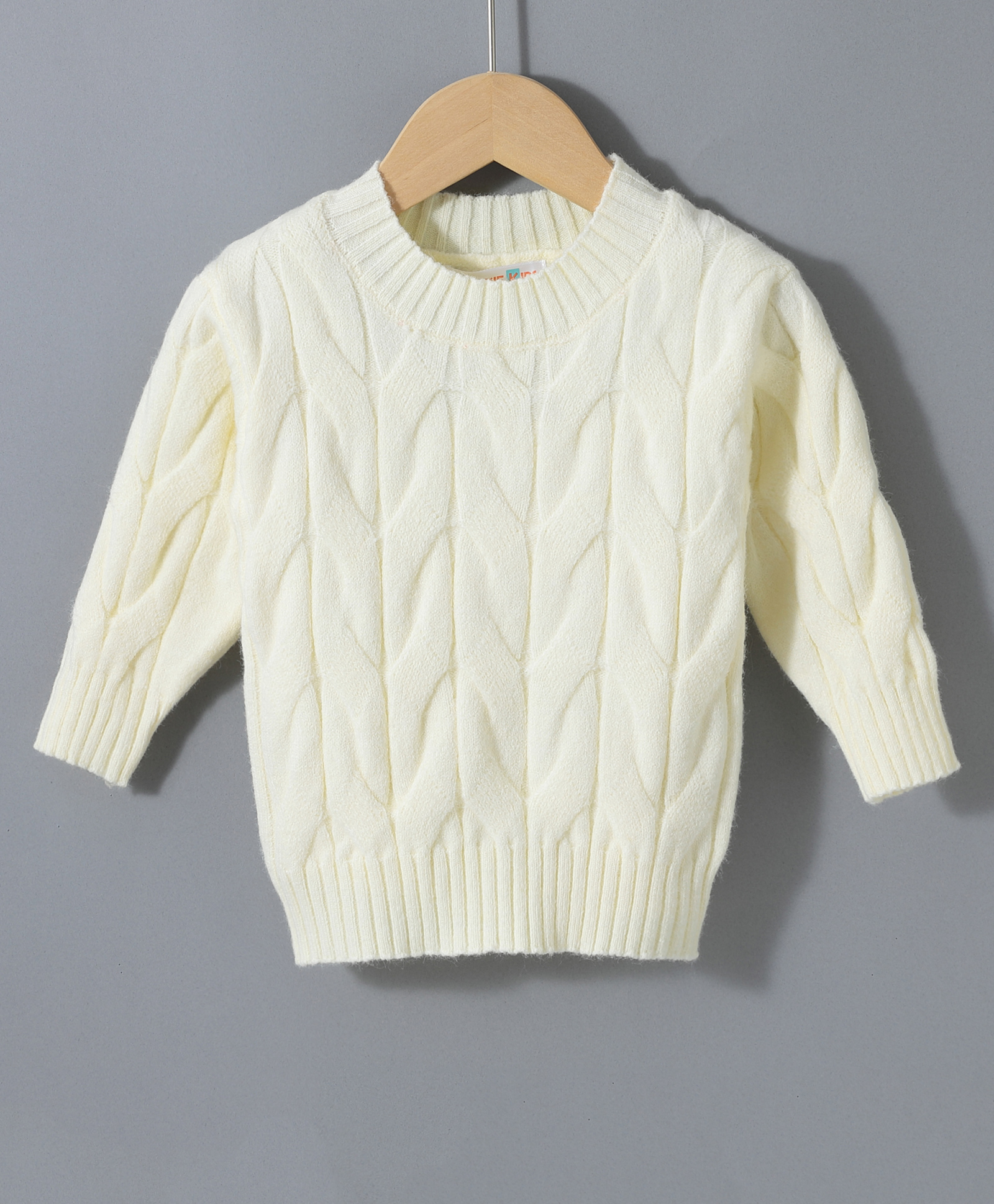 Kookie Kids Knitted Full Sleeves Pullover Sweater With Cable Knit Design - Cream-image-9