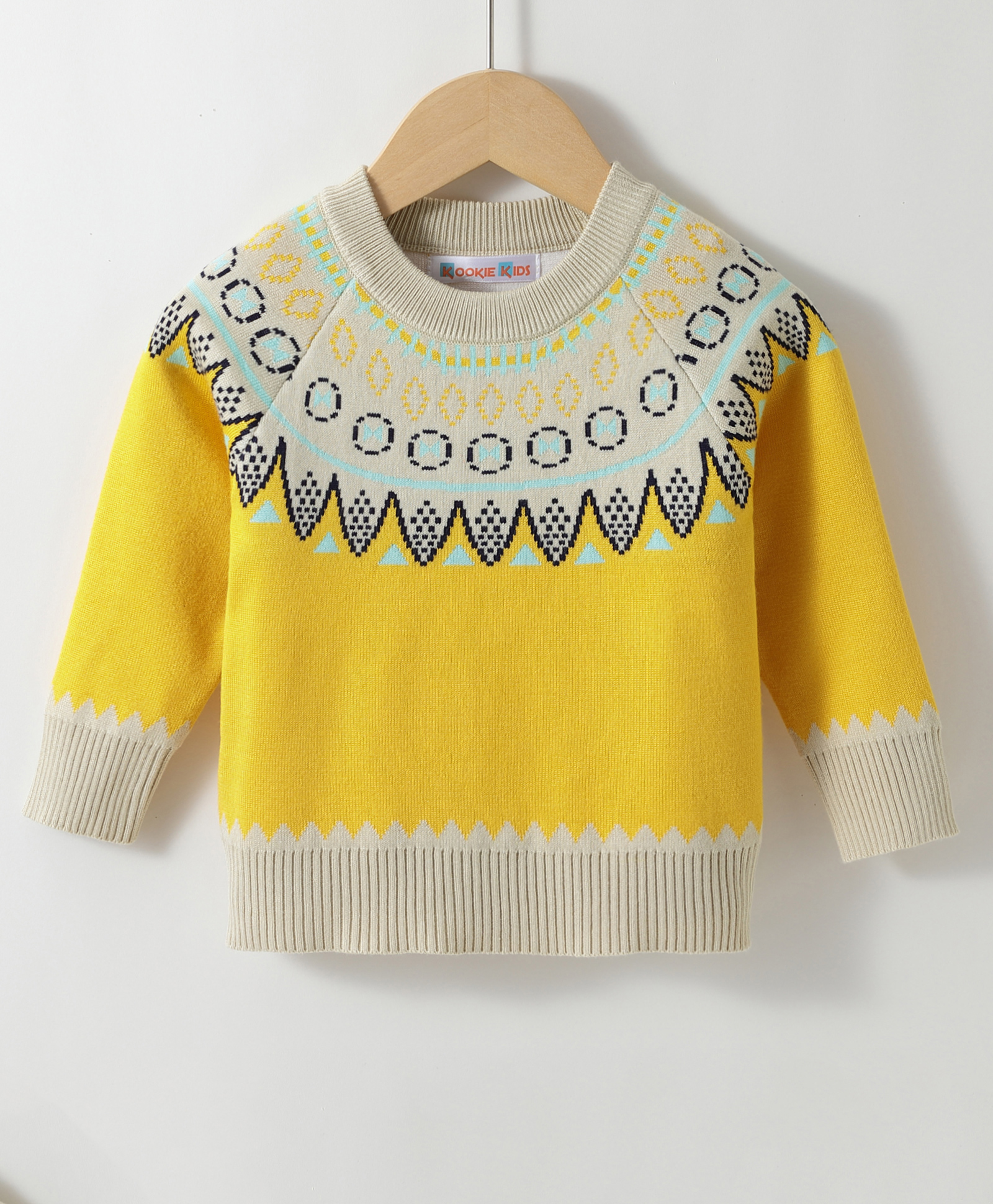 Kookie Kids Viscose Full Sleeves Pullover Sweater With Aztec Design - Yellow-image-17