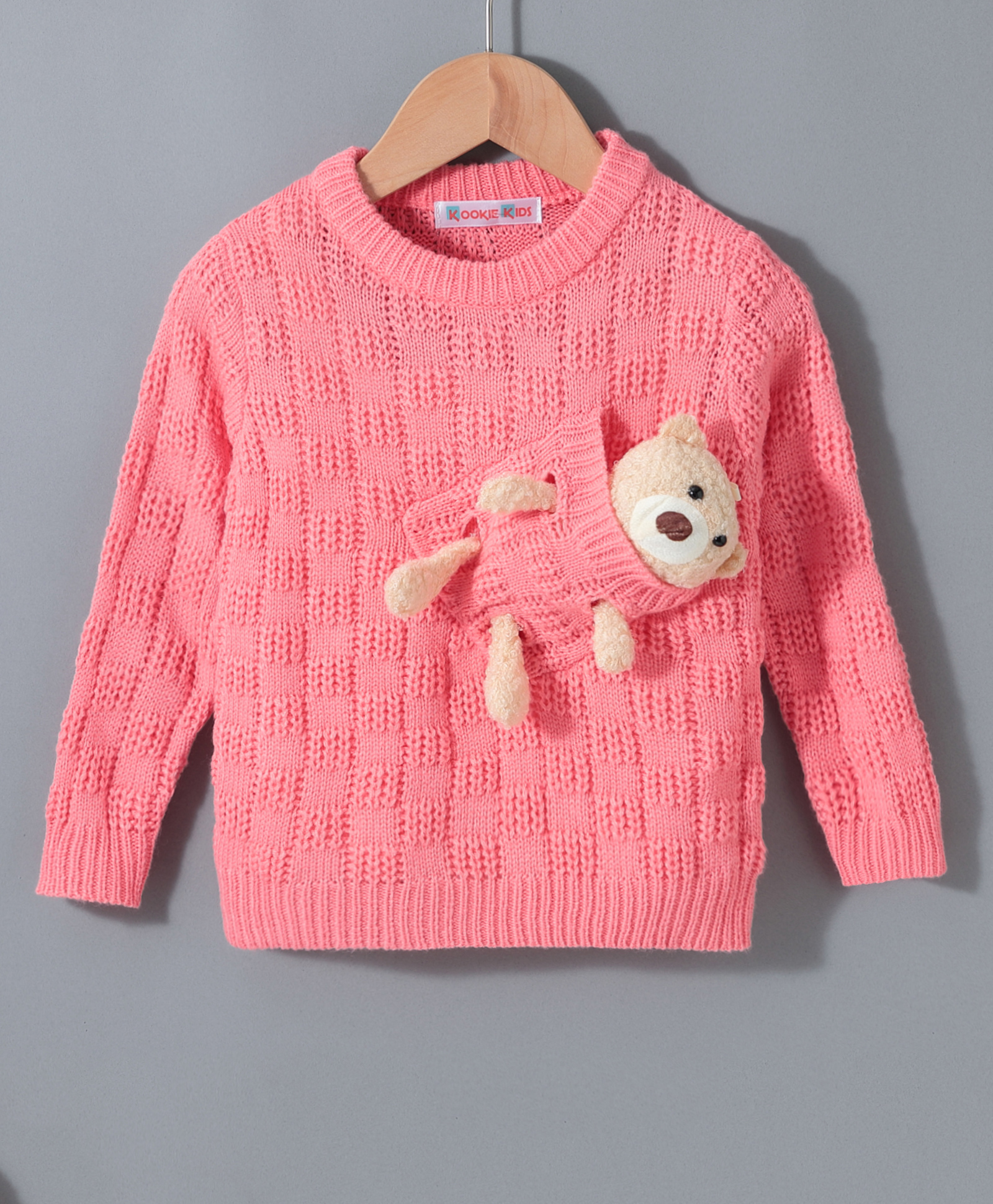Kookie Kids Viscose Full Sleeves Pullover Sweater With Cable Knit Design & 3D Teddy Bear Applique - Hot Pink-image-27